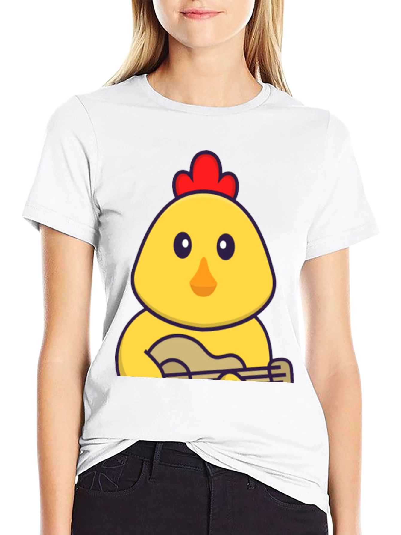 Funny Chicken Playing Ukulele Black T-Shirt