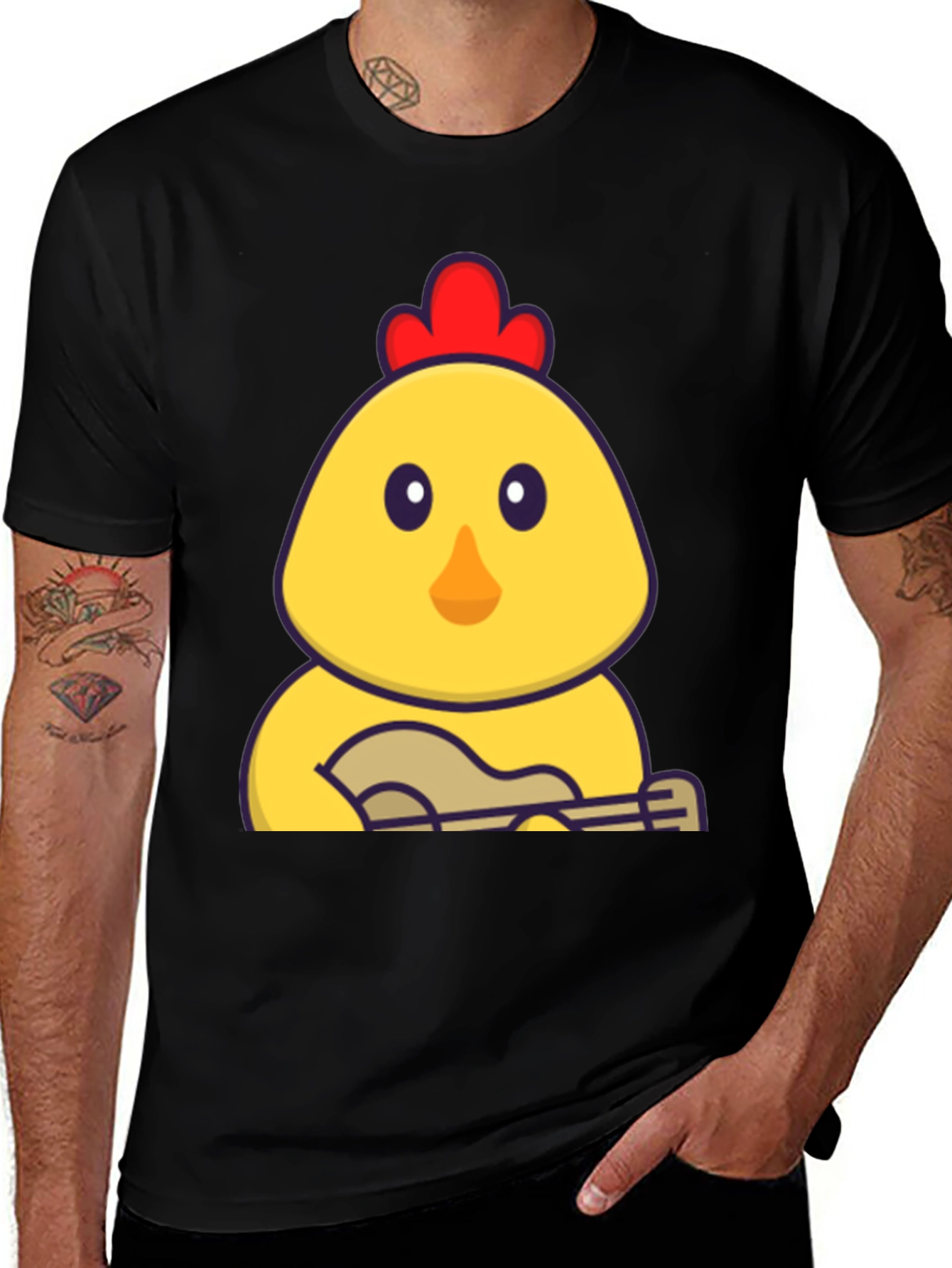 Funny Chicken Playing Ukulele Black T-Shirt