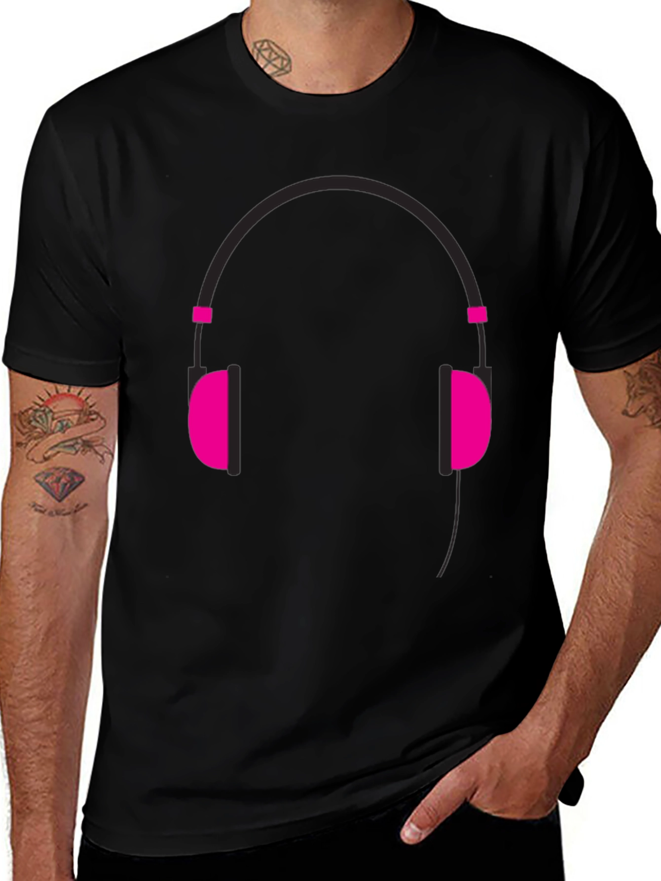 Graphic Tee: Headphones Design - Black Cotton Casual Wear