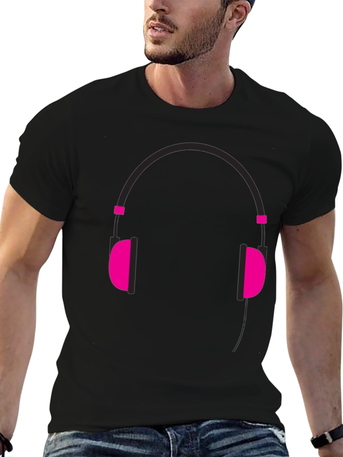 Graphic Tee: Headphones Design - Black Cotton Casual Wear