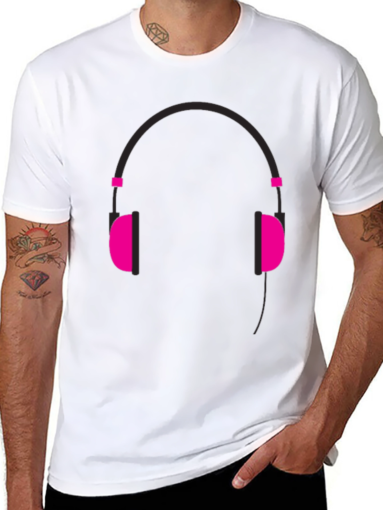 Graphic Tee: Headphones Design - Black Cotton Casual Wear