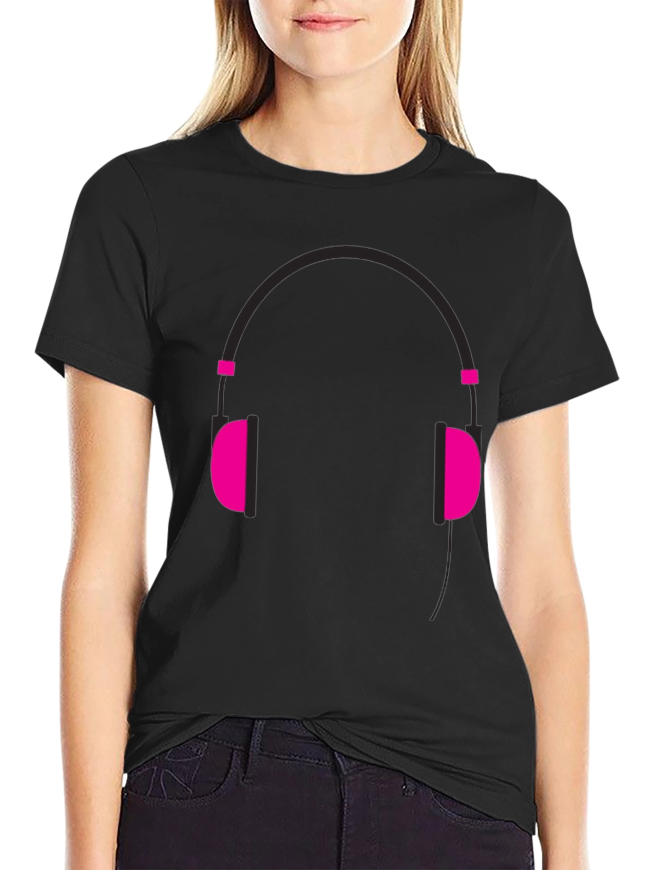 Graphic Tee: Headphones Design - Black Cotton Casual Wear