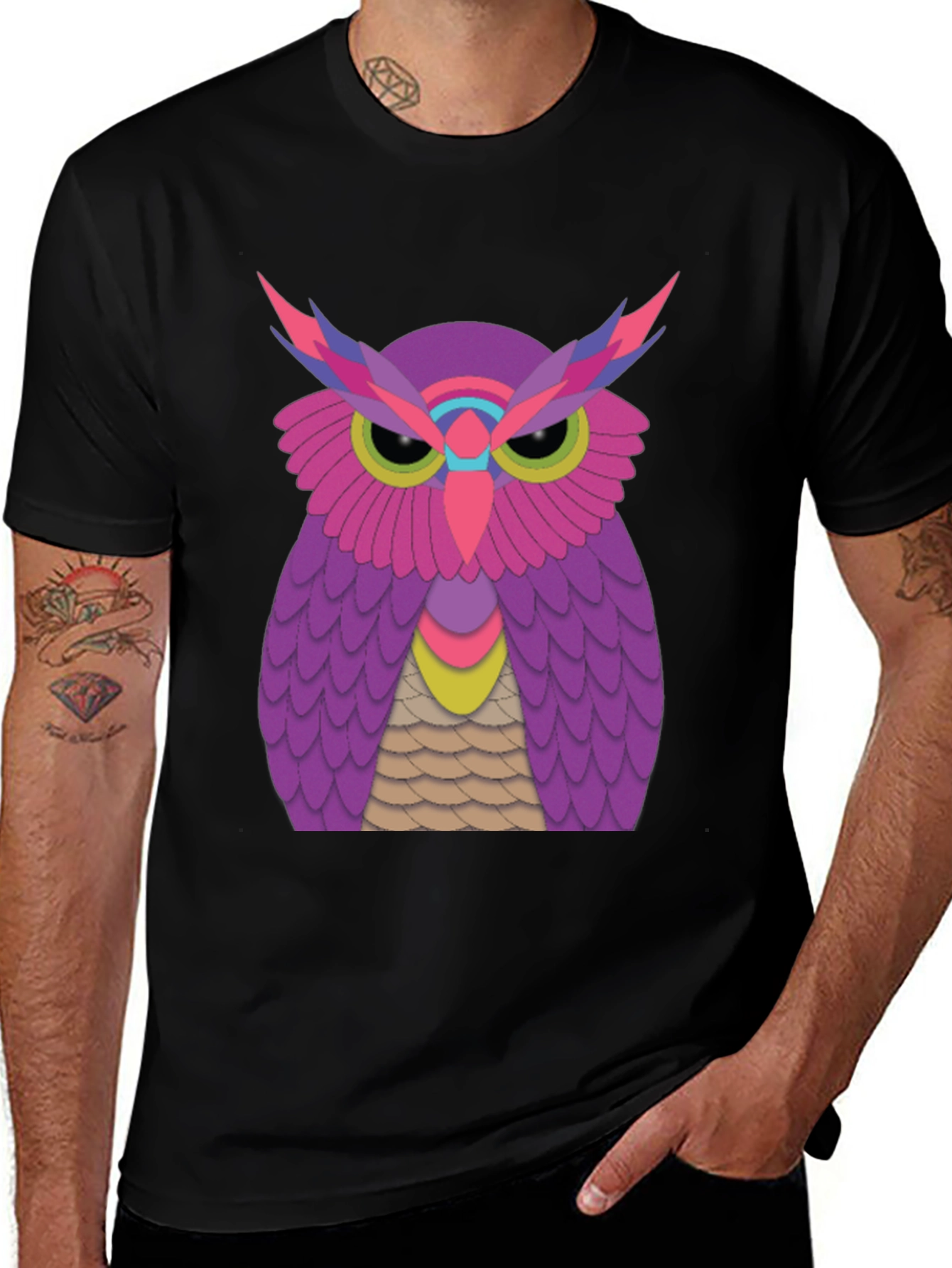 Funky Owl Graphic Tee - Black Cotton T-Shirt