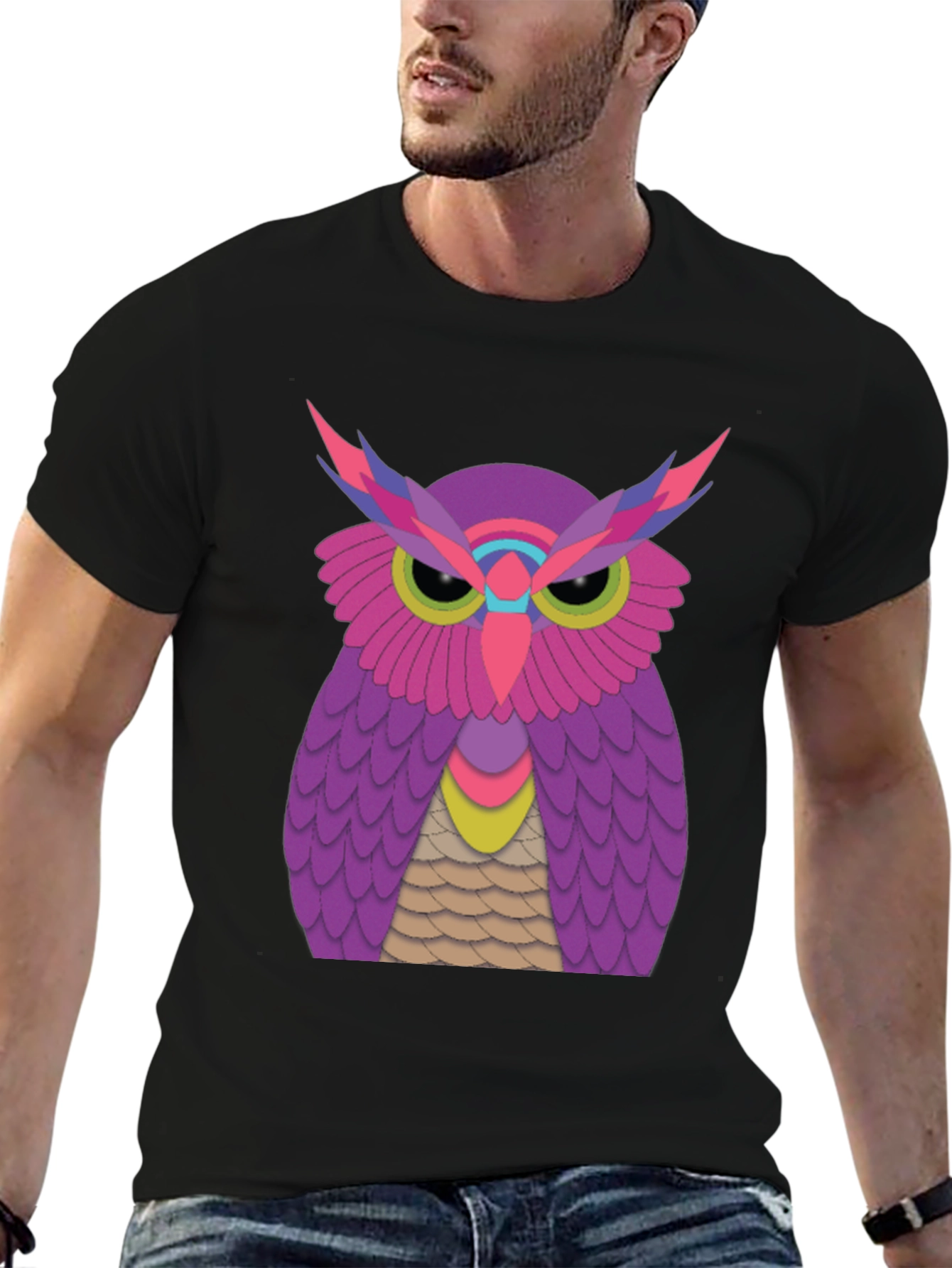 Funky Owl Graphic Tee - Black Cotton T-Shirt