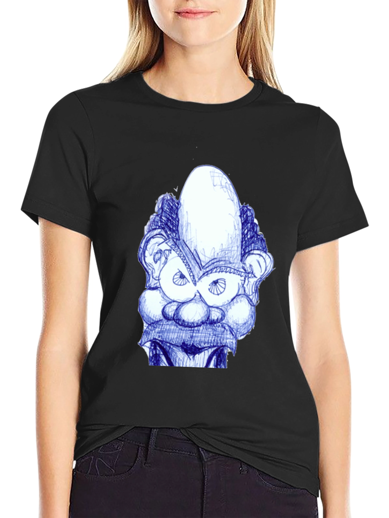 Whimsical Cartoon Face Graphic Tee - Black
