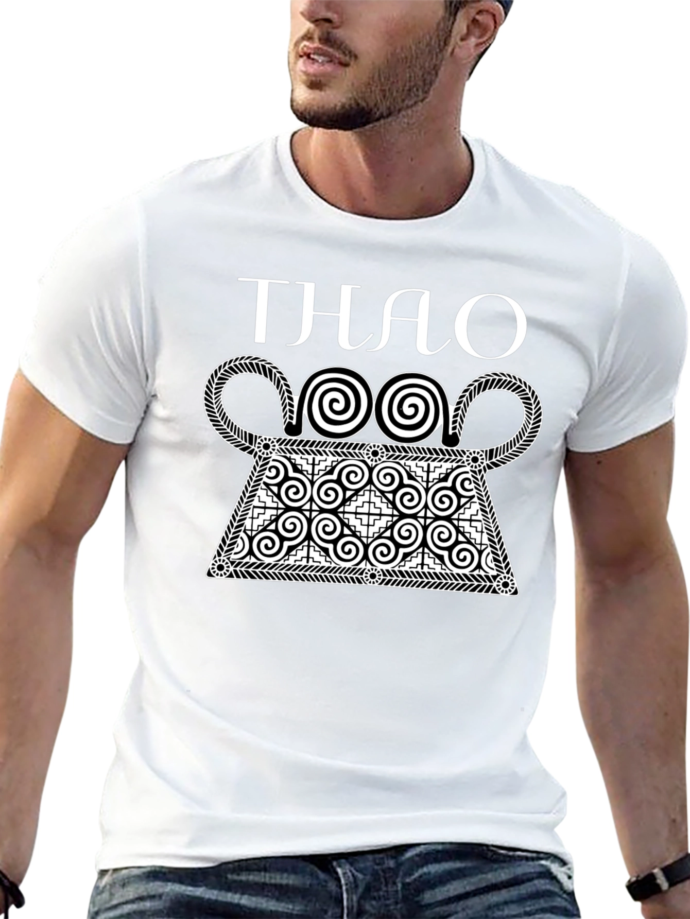 Stylish Black T-Shirt with White Hmong Design