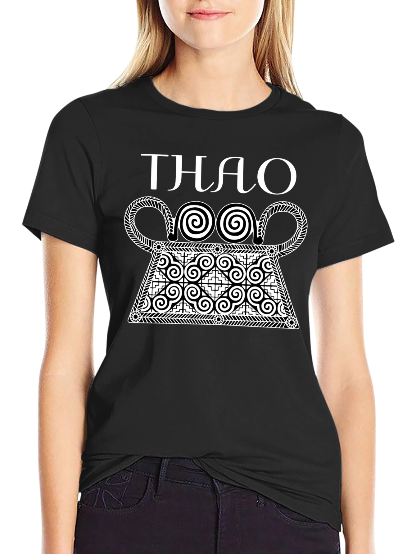 Stylish Black T-Shirt with White Hmong Design