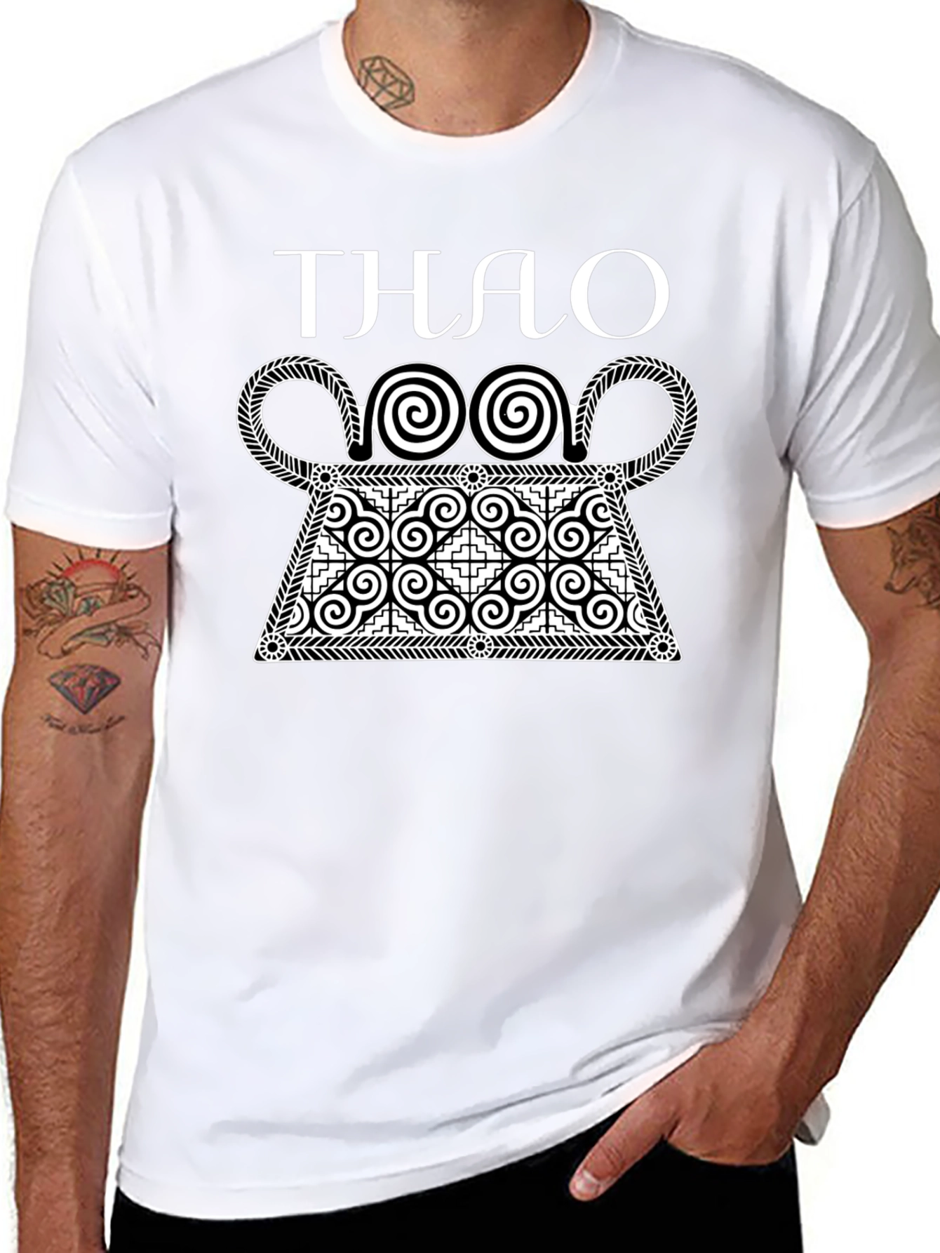 Stylish Black T-Shirt with White Hmong Design