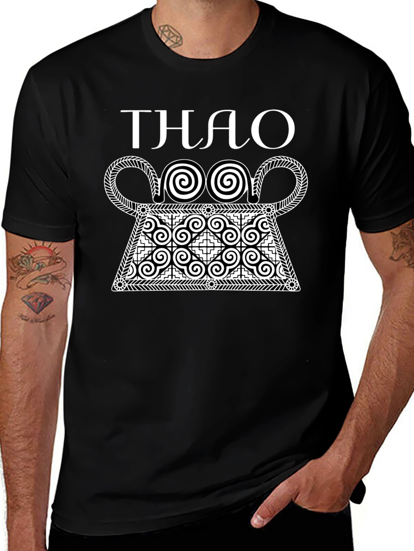 Stylish Black T-Shirt with White Hmong Design
