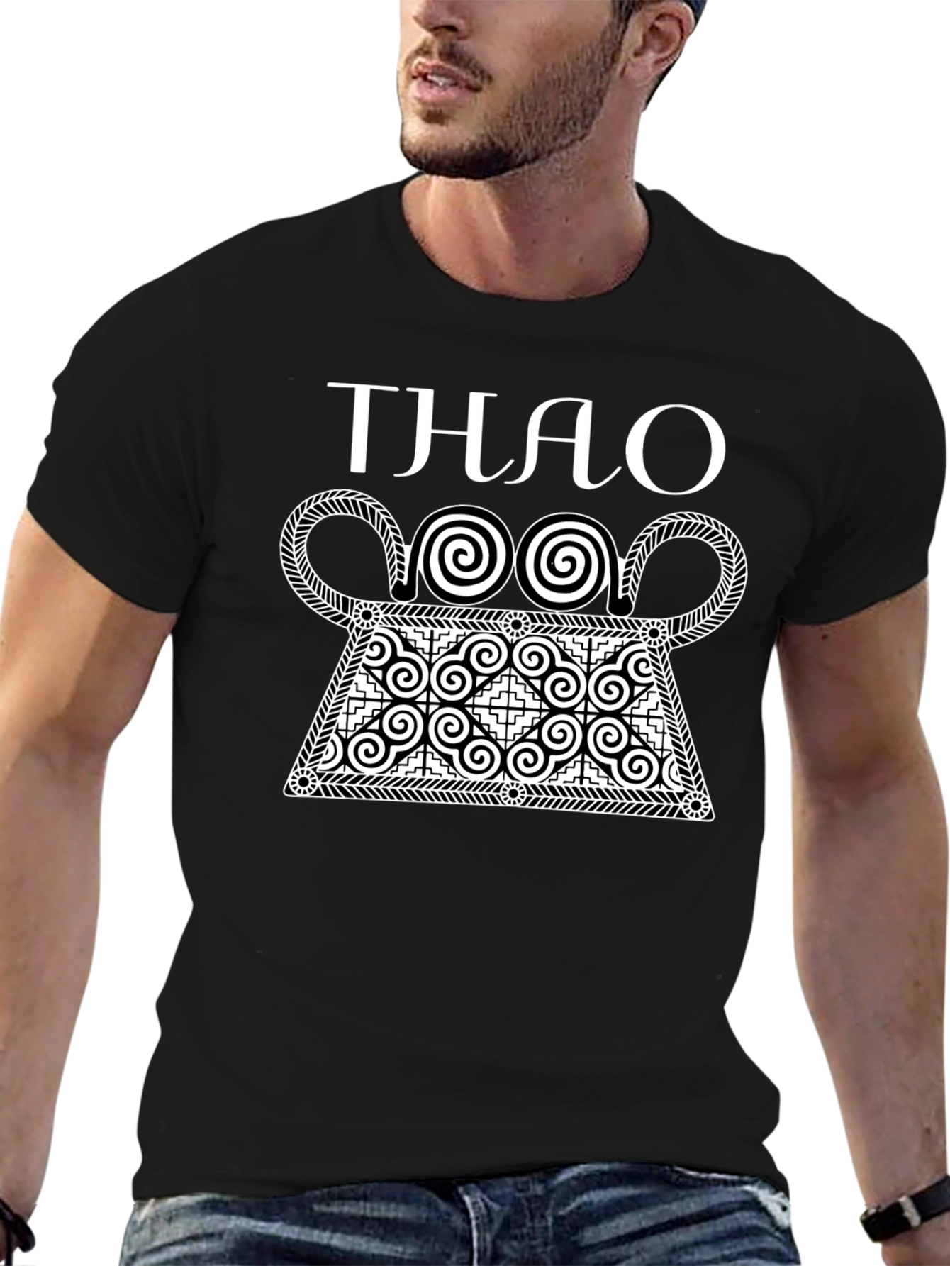 Stylish Black T-Shirt with White Hmong Design