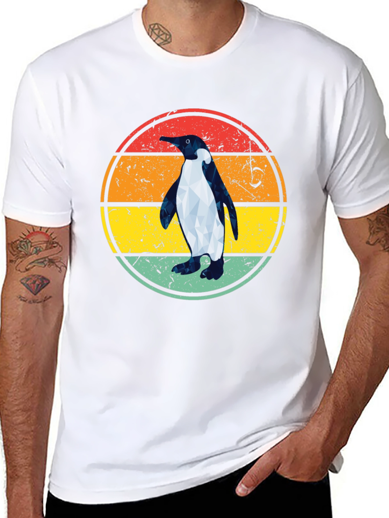 Retro Penguin Graphic Tee - Cool Geometric Design