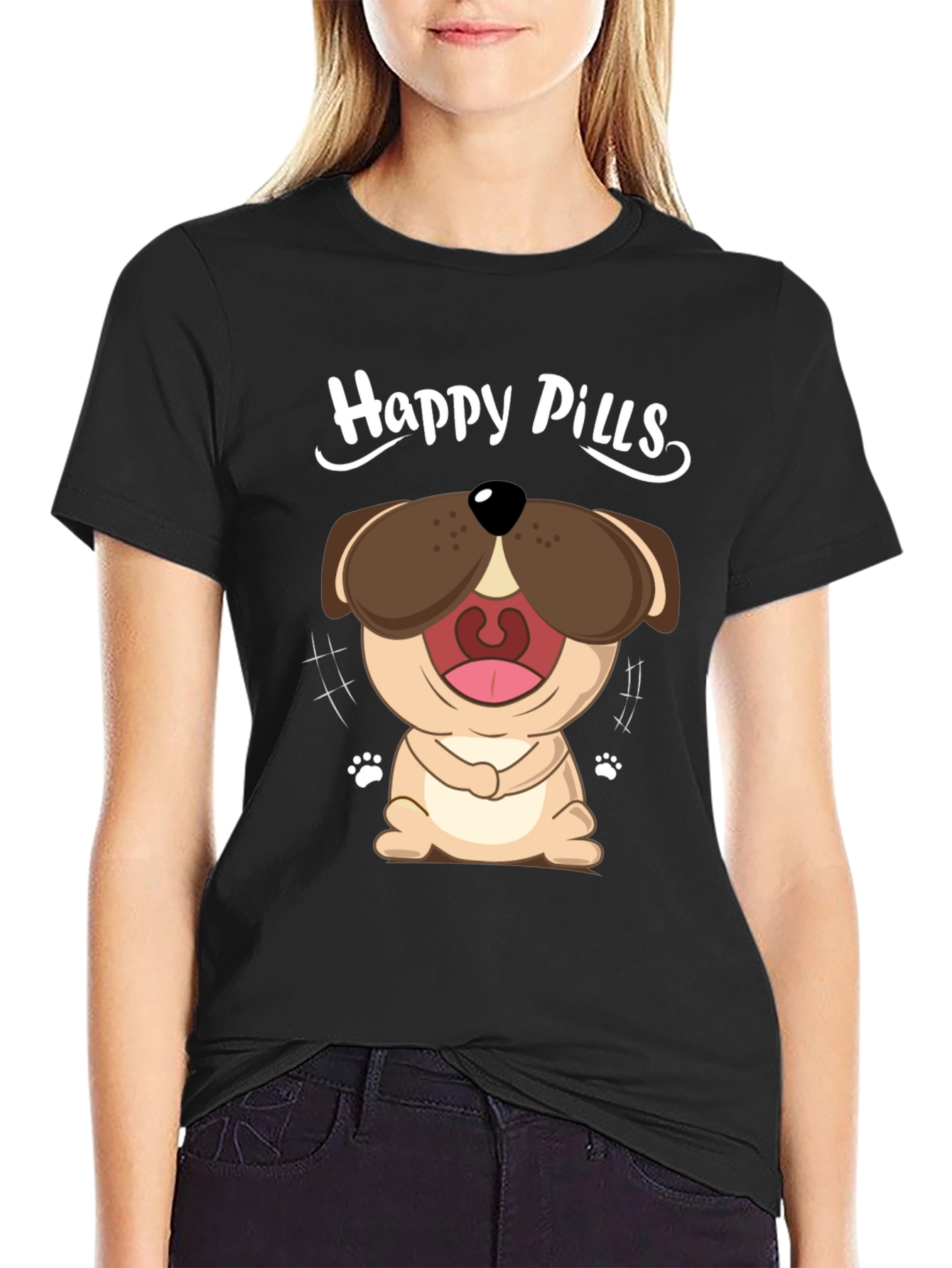 Happy Pills Dog Graphic T-Shirt - Black Cotton Tee