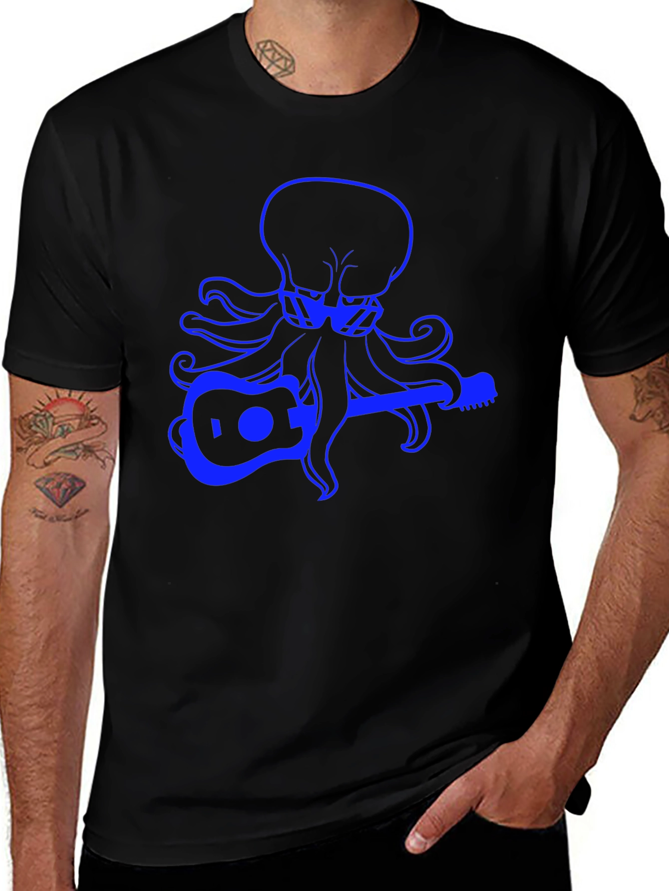 Octopus Guitar Player Graphic Tee - Black Cotton T-Shirt
