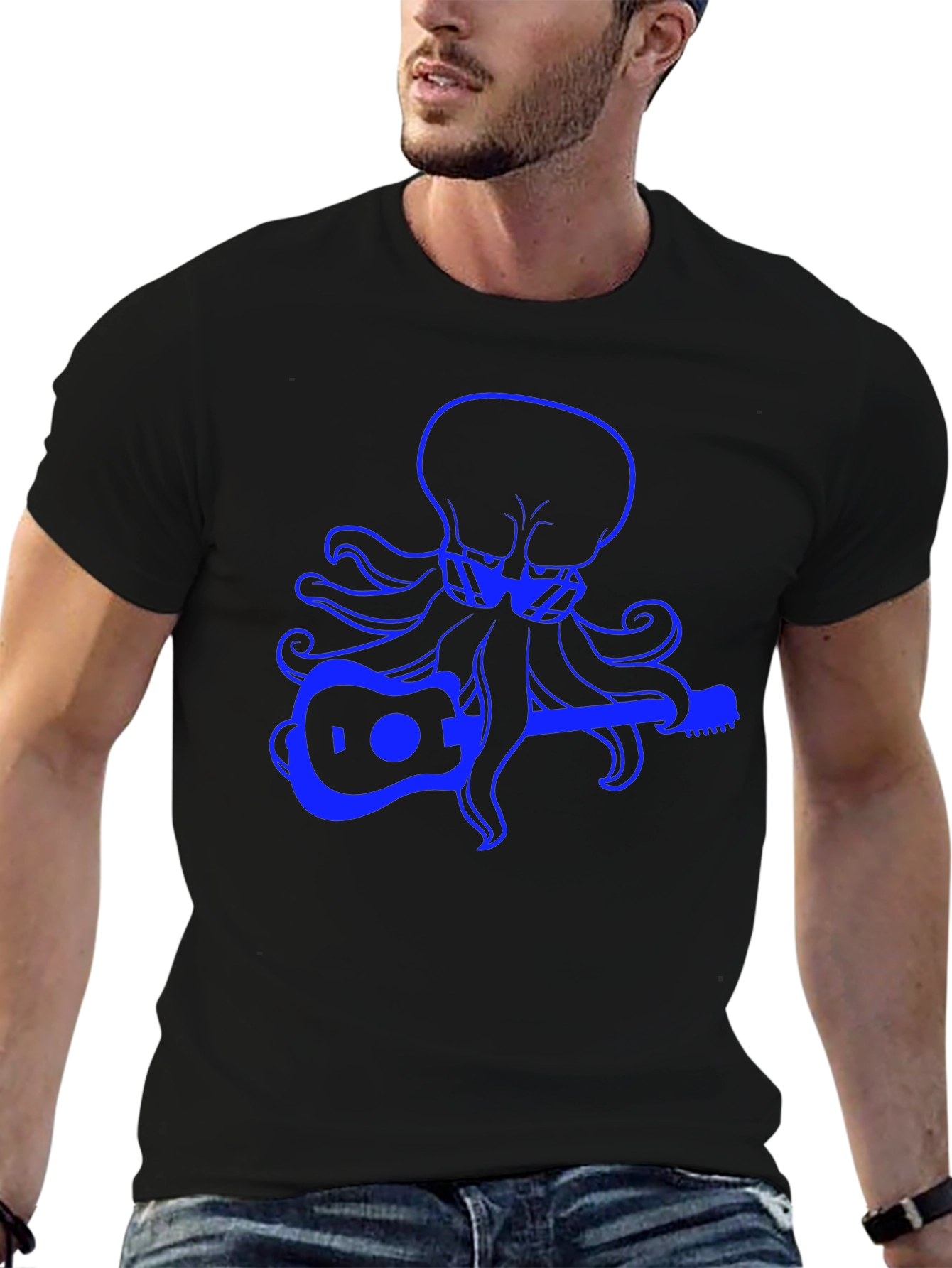 Octopus Guitar Player Graphic Tee - Black Cotton T-Shirt