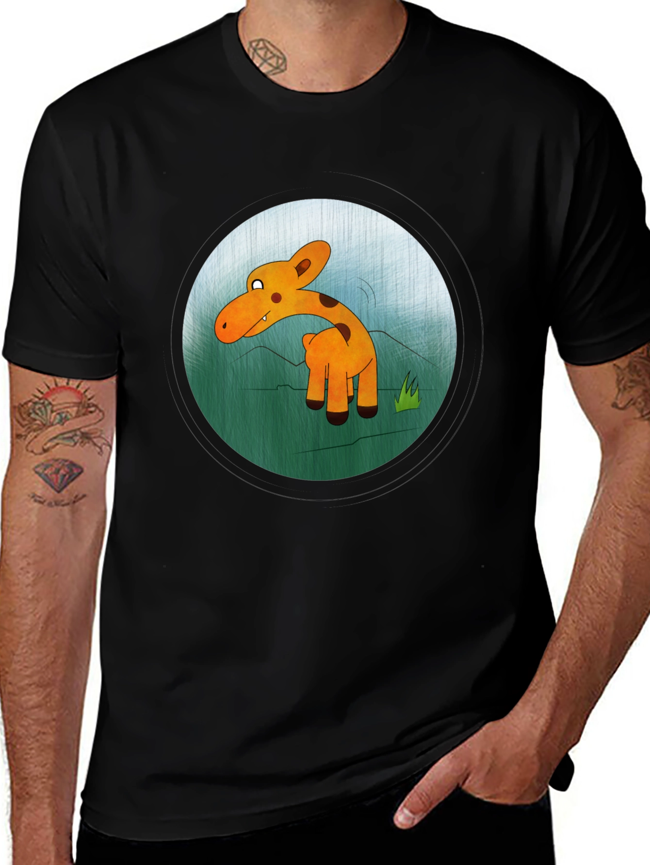 Cartoon Giraffe Graphic Black T-Shirt