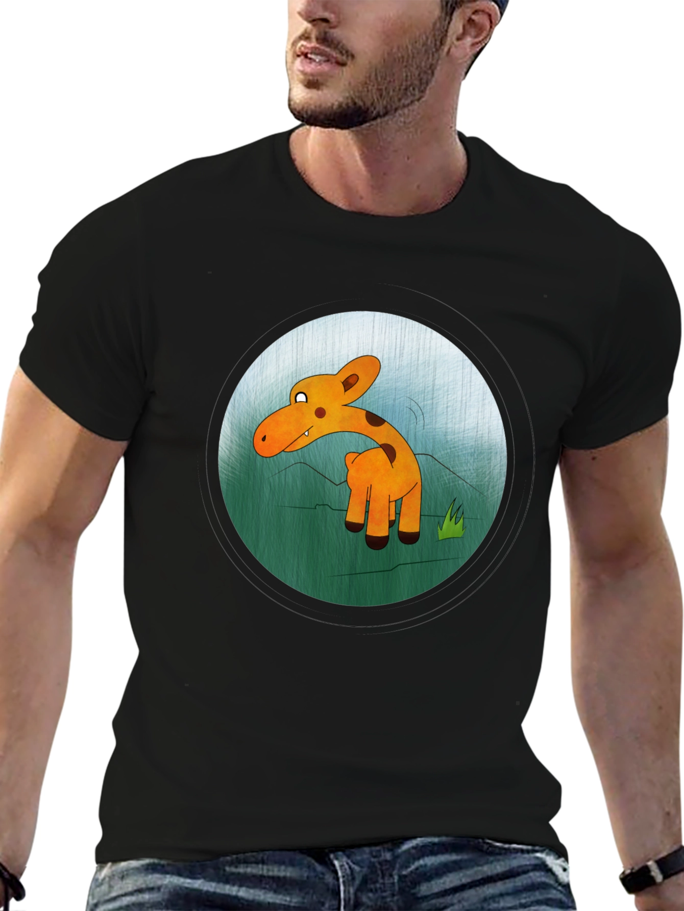 Cartoon Giraffe Graphic Black T-Shirt
