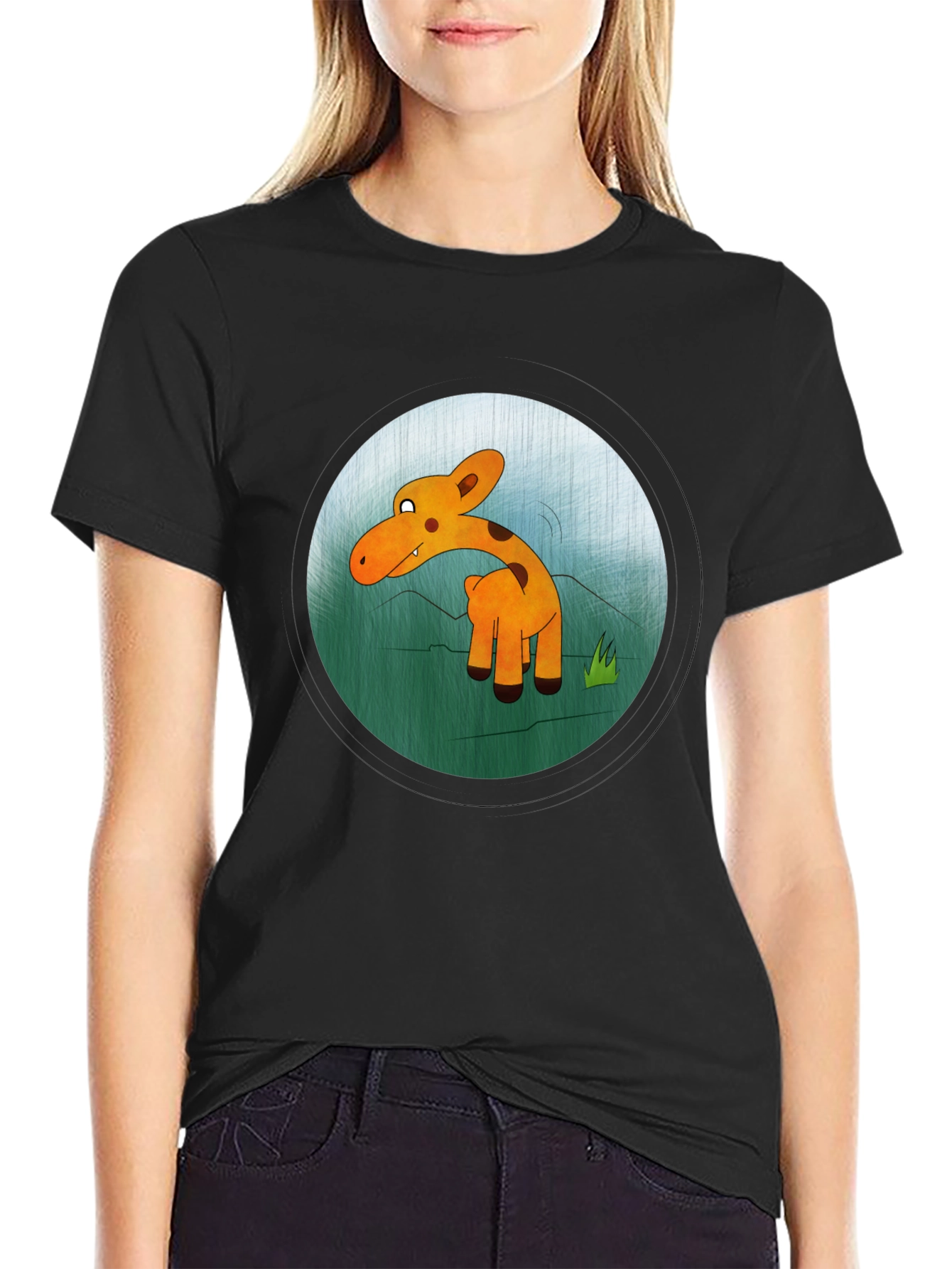 Cartoon Giraffe Graphic Black T-Shirt