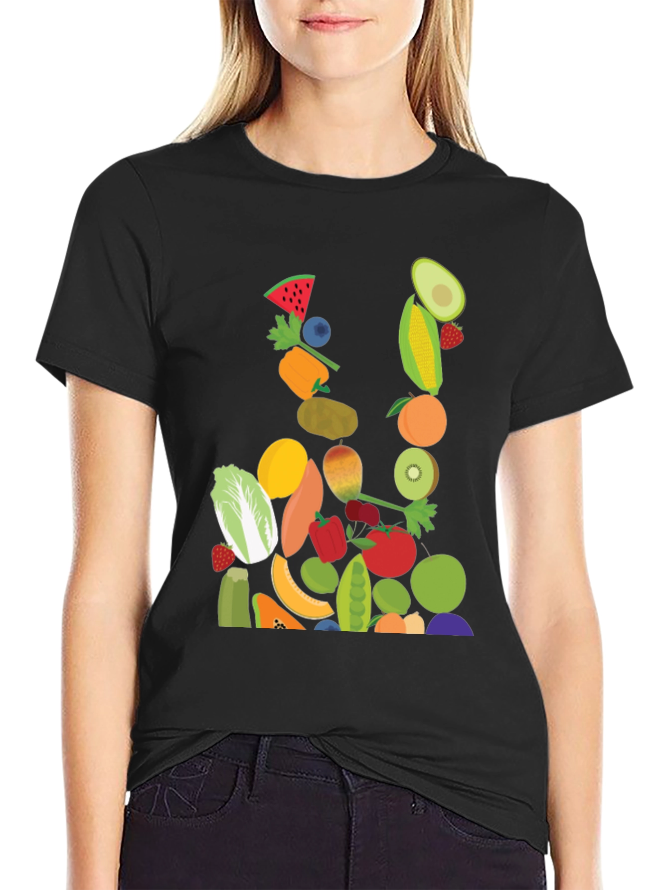 Fruit & Veggie Print Black T-Shirt