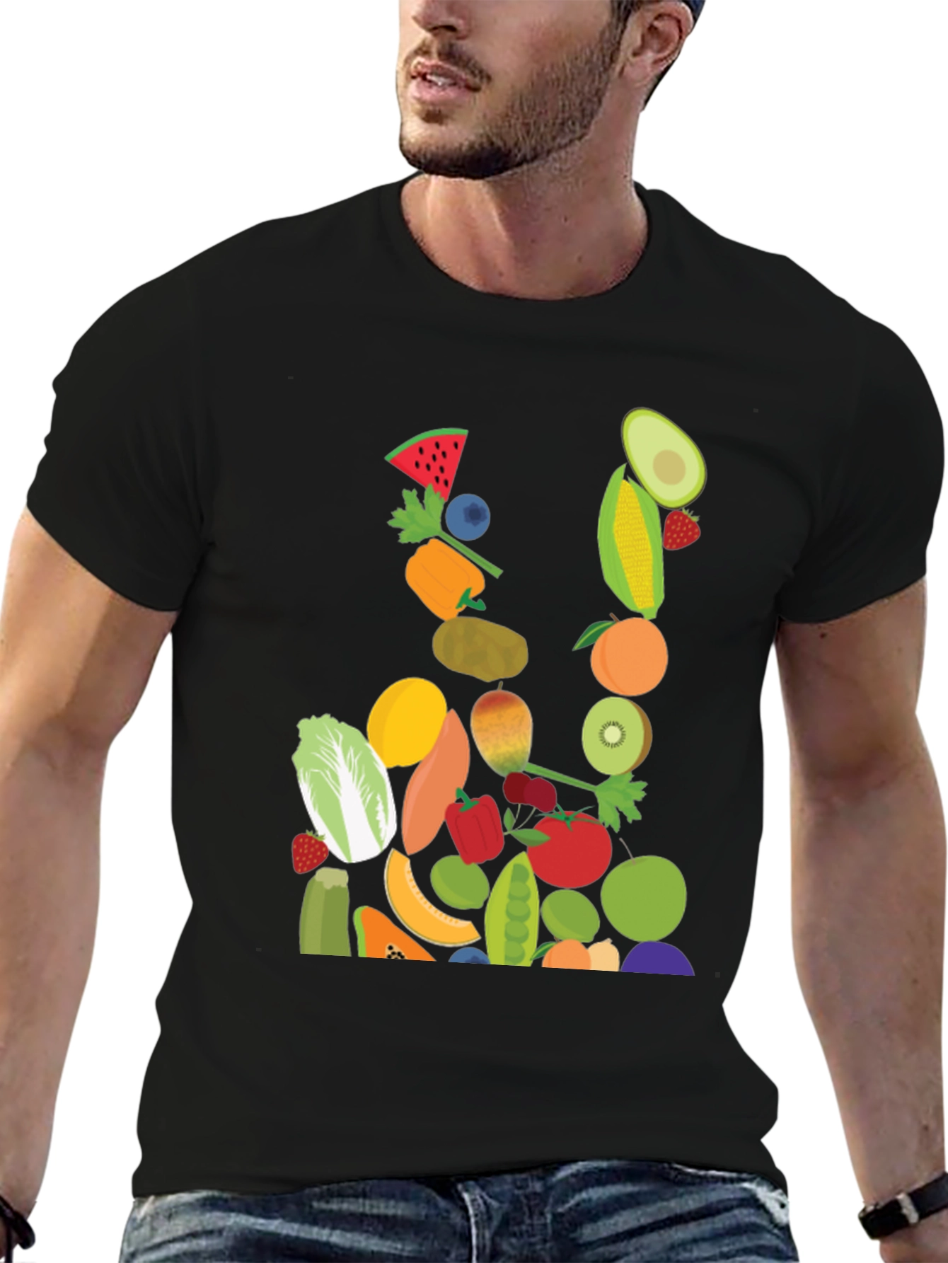 Fruit & Veggie Print Black T-Shirt