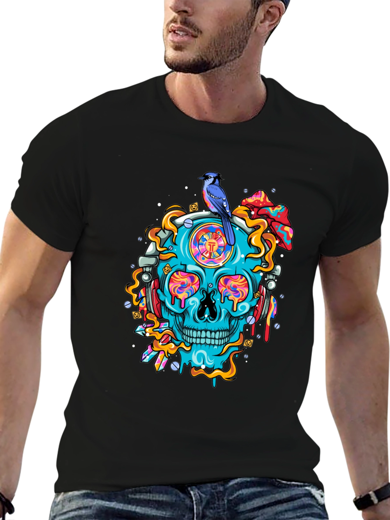 Skull Graphic Tee - Bird and Psychedelic Design