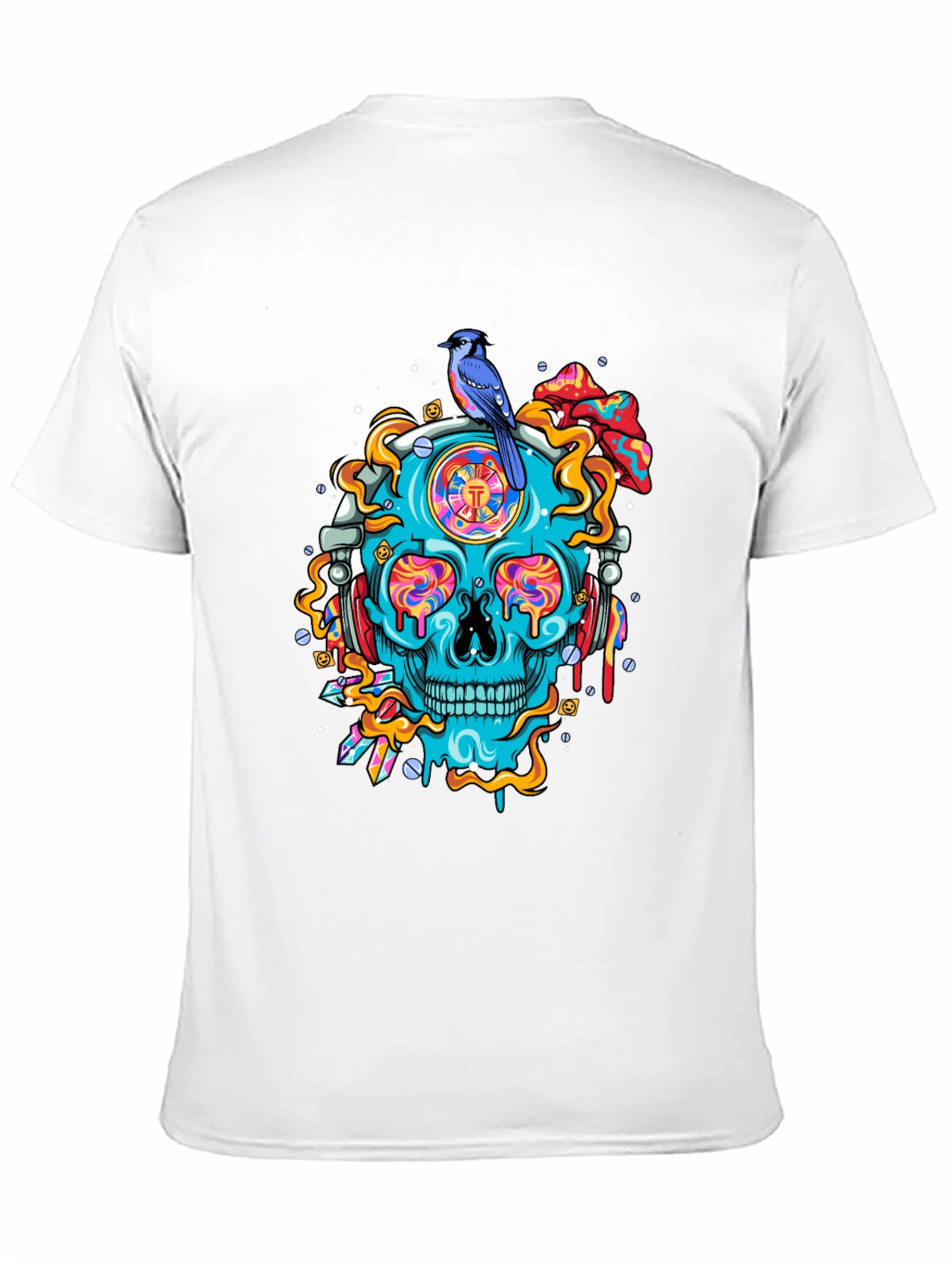 Skull Graphic Tee - Bird and Psychedelic Design