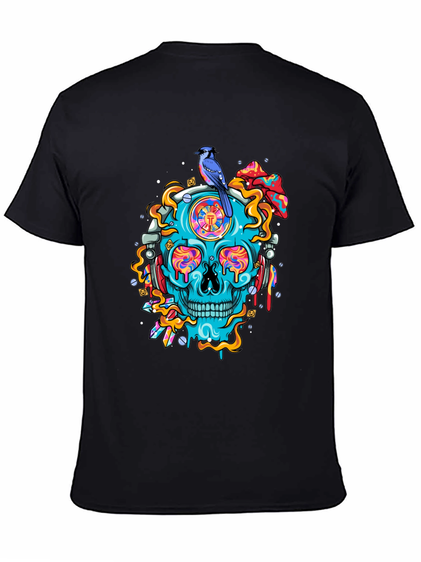 Skull Graphic Tee - Bird and Psychedelic Design