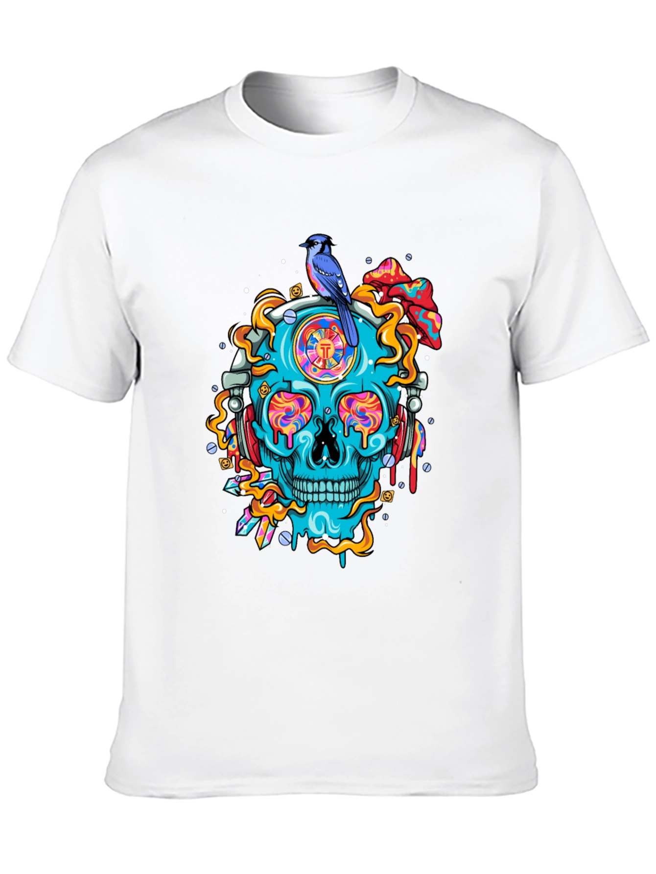 Skull Graphic Tee - Bird and Psychedelic Design