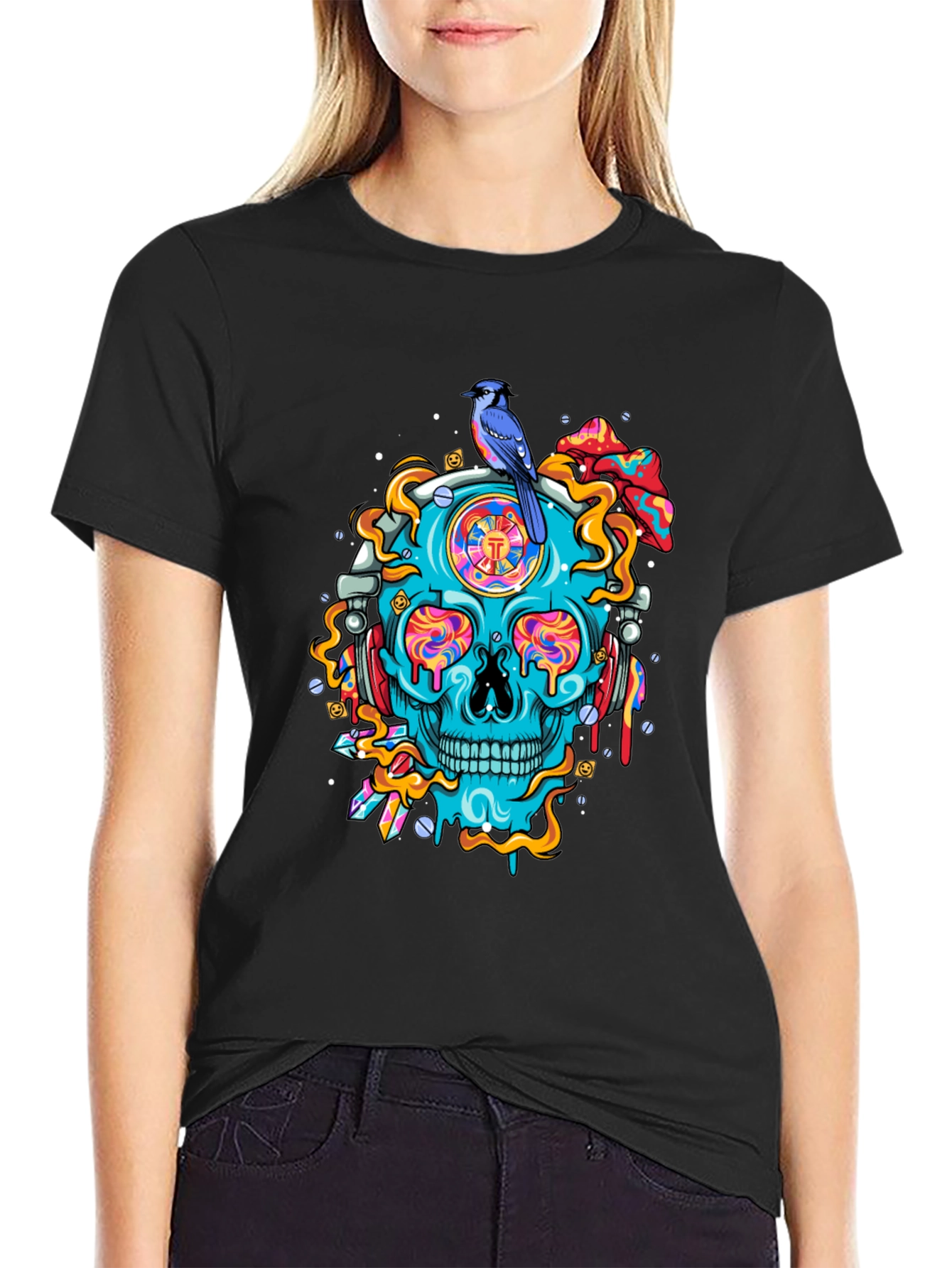 Skull Graphic Tee - Bird and Psychedelic Design