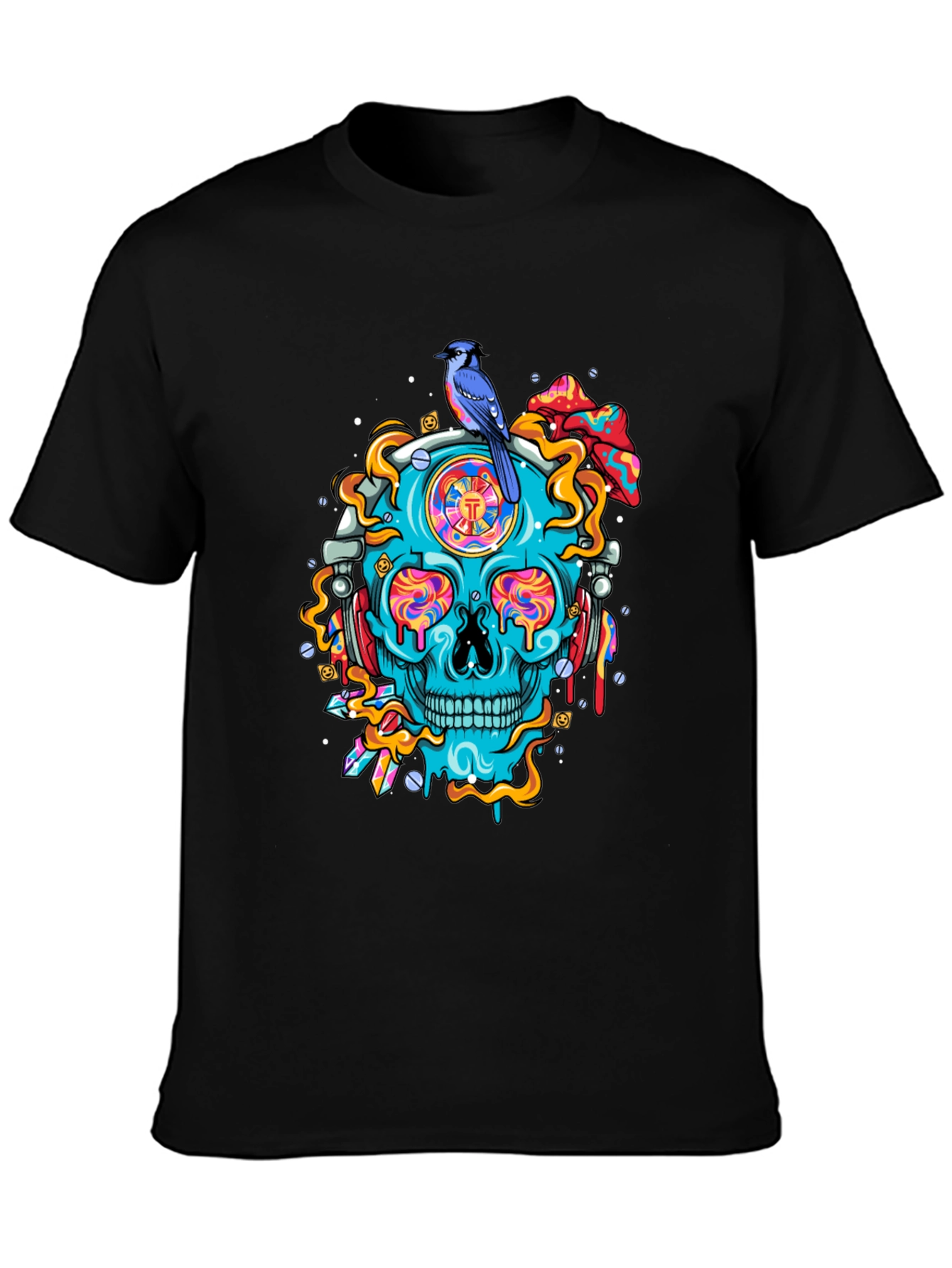 Skull Graphic Tee - Bird and Psychedelic Design