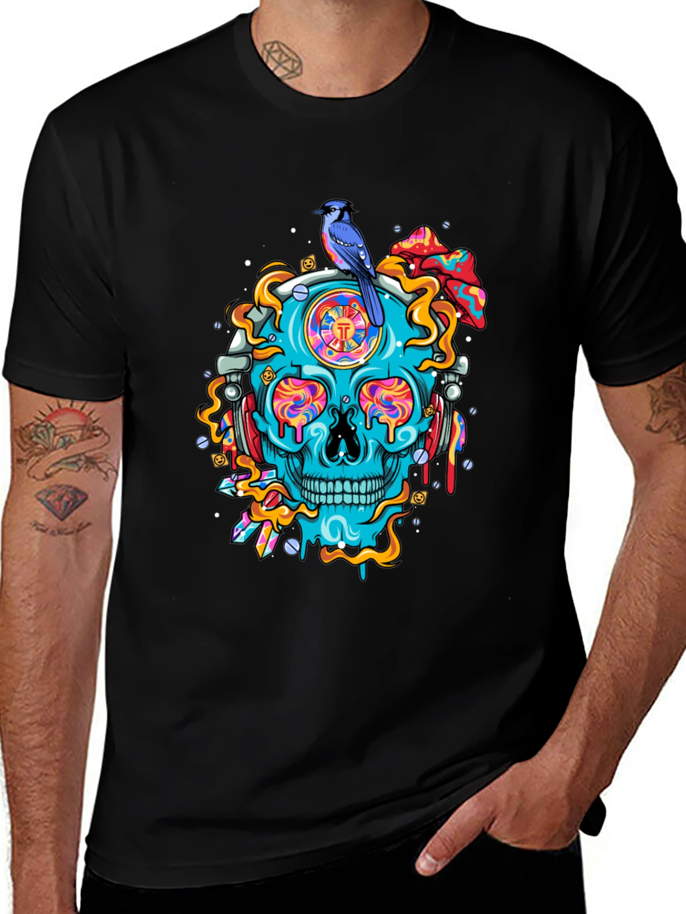Skull Graphic Tee - Bird and Psychedelic Design