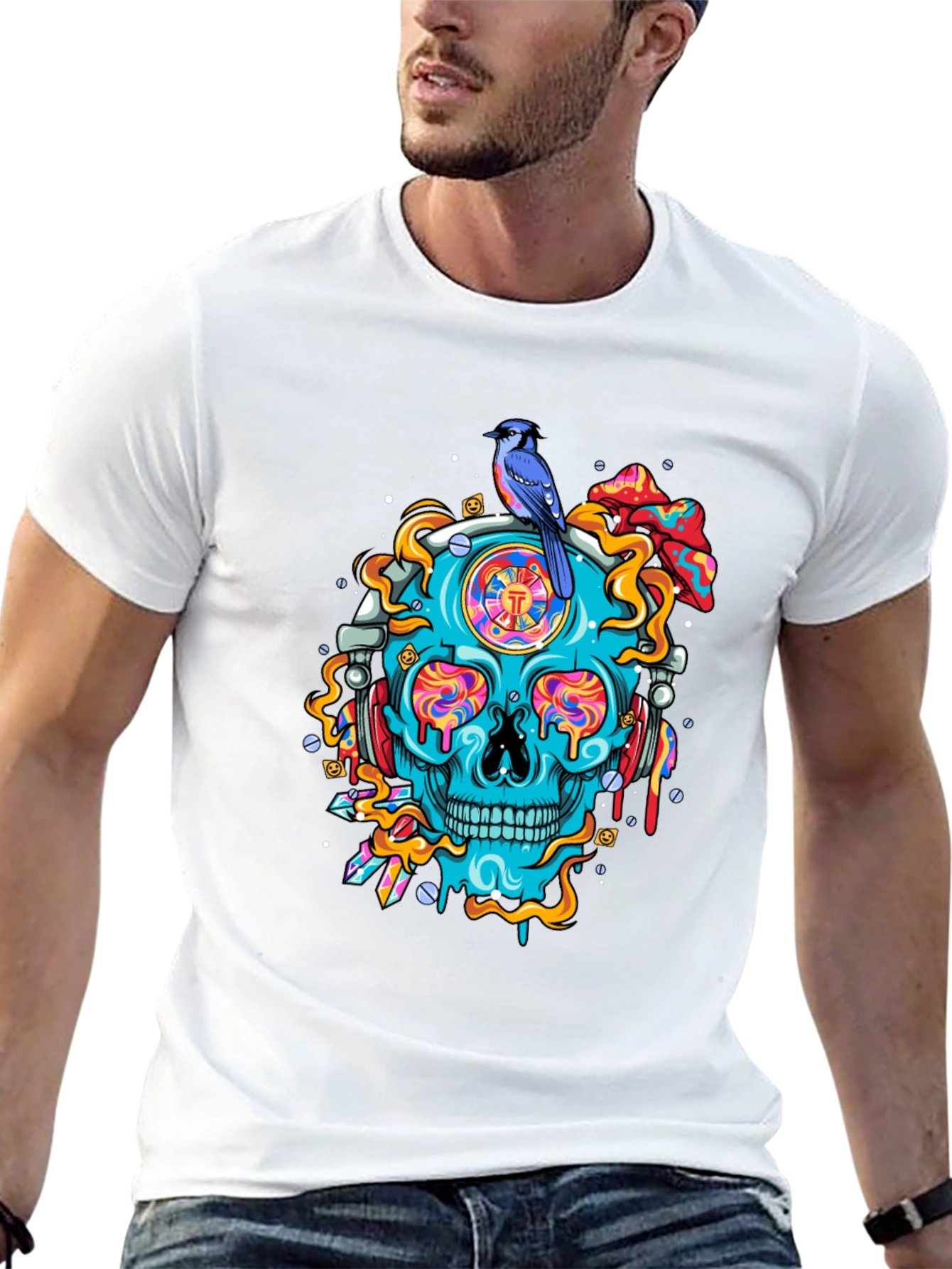 Skull Graphic Tee - Bird and Psychedelic Design