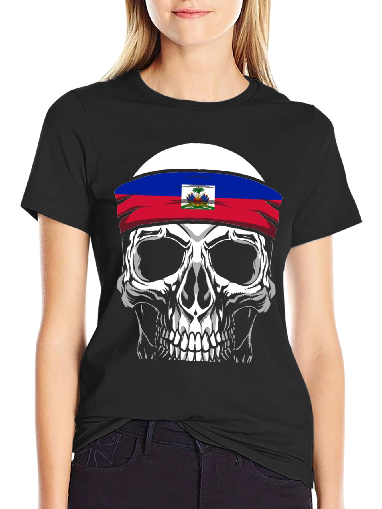 Haiti Flag Skull Graphic Tee - Mens Black T-Shirt