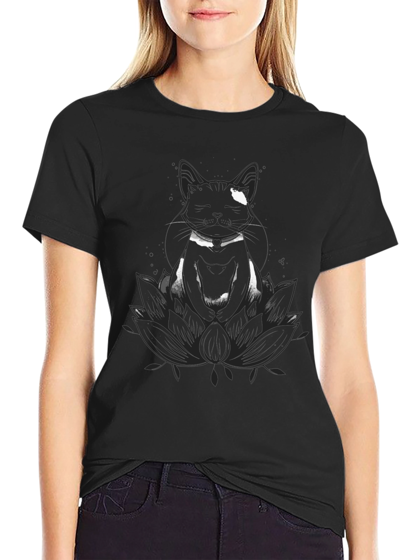 Meditating Cat Lotus Flower Graphic T-Shirt