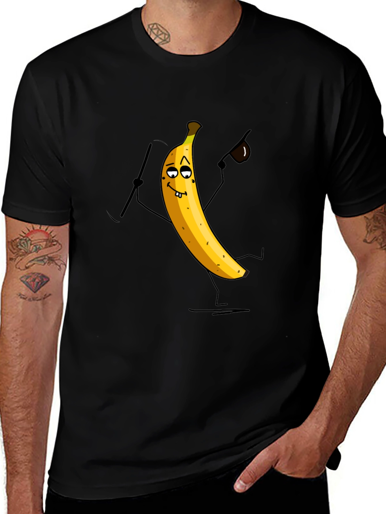Funny Banana Cartoon Mens Black T-Shirt