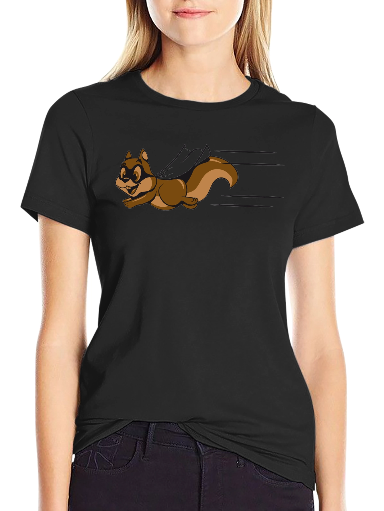 Cartoon Squirrel Graphic Tee - Black Crew Neck Shirt