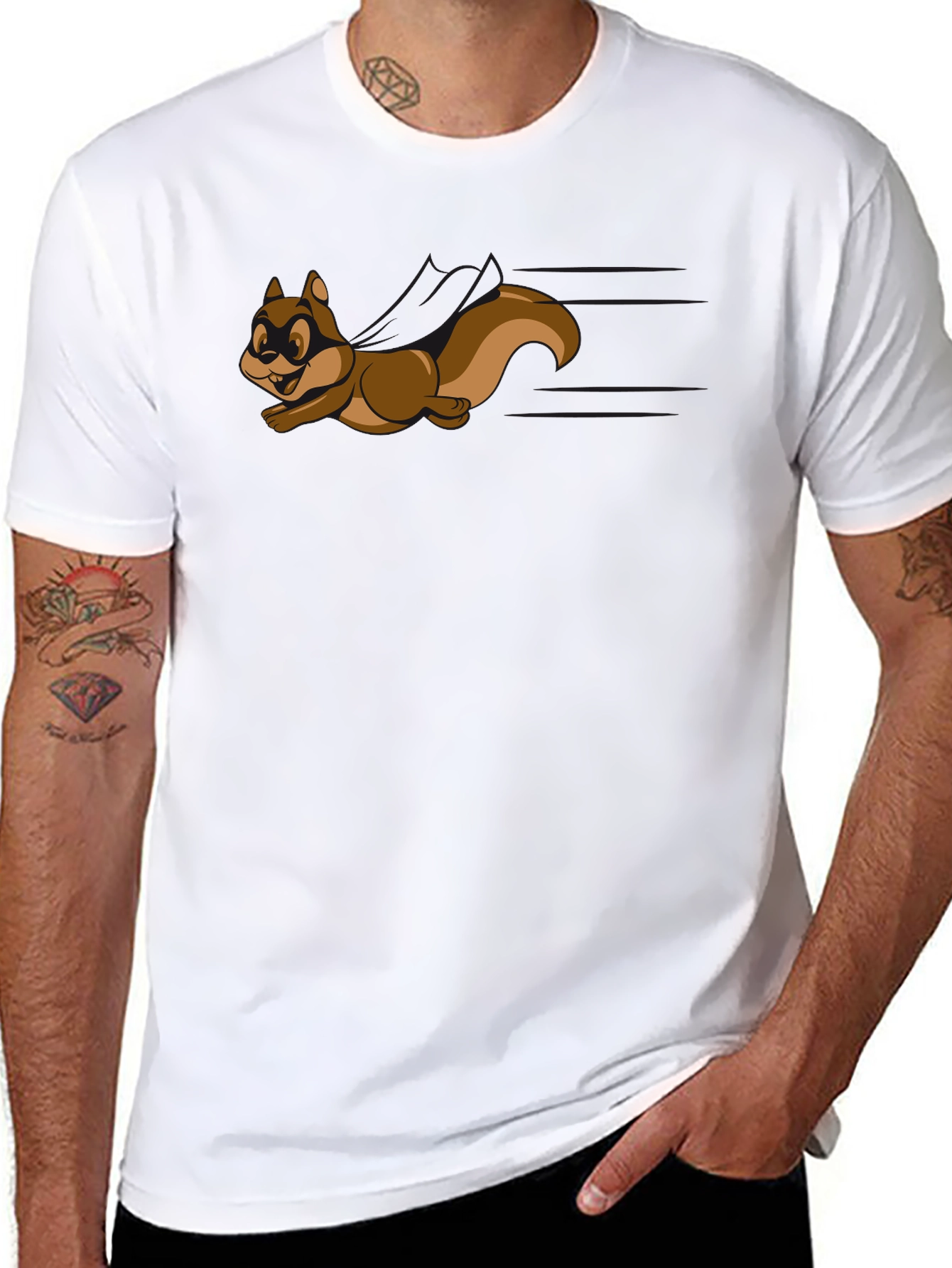 Cartoon Squirrel Graphic Tee - Black Crew Neck Shirt