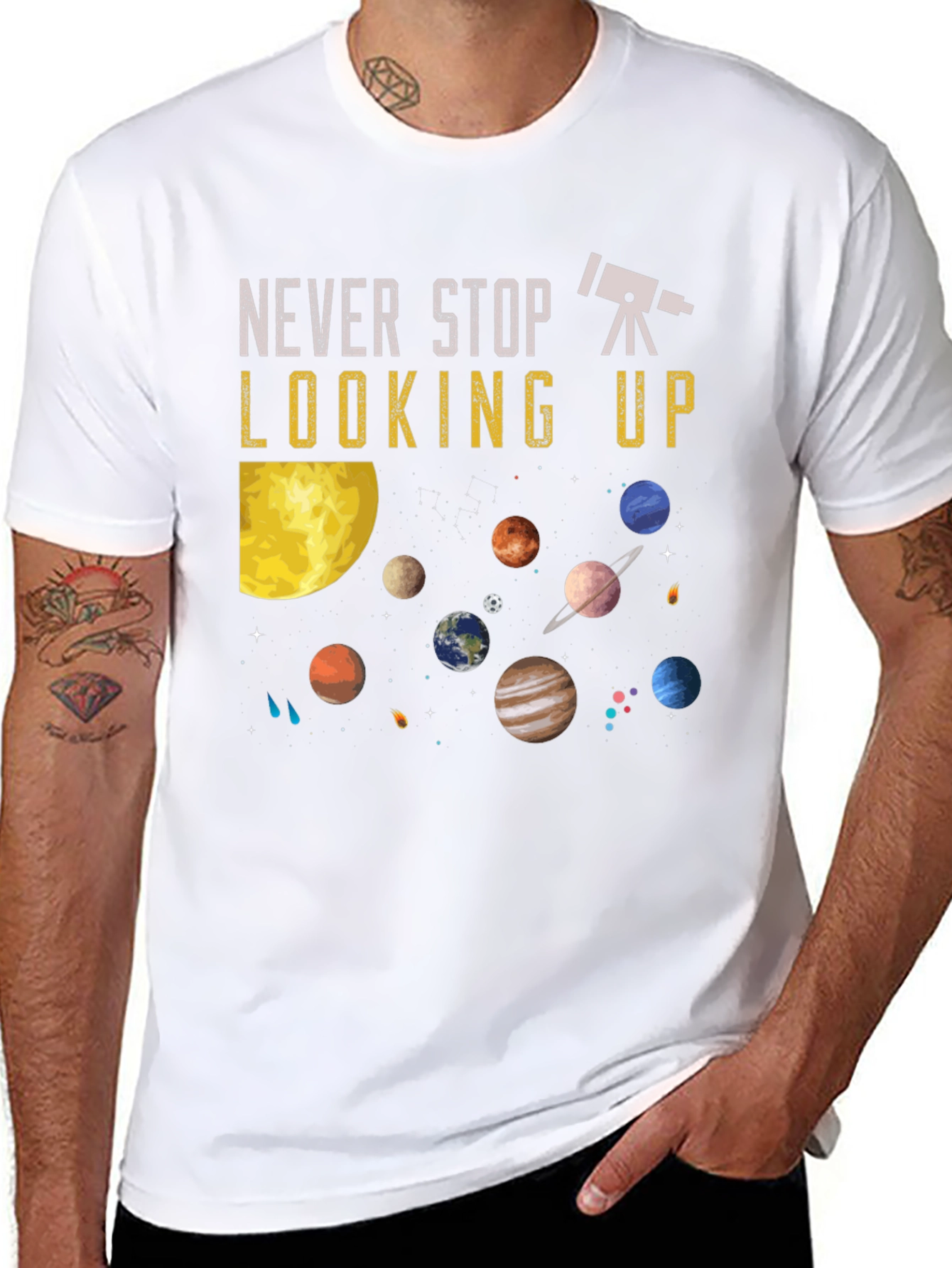 Never Stop Looking Up T-Shirt - Astronomy Planets Design