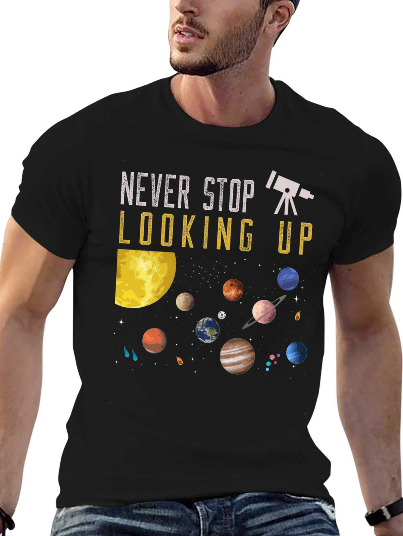 Never Stop Looking Up T-Shirt - Astronomy Planets Design