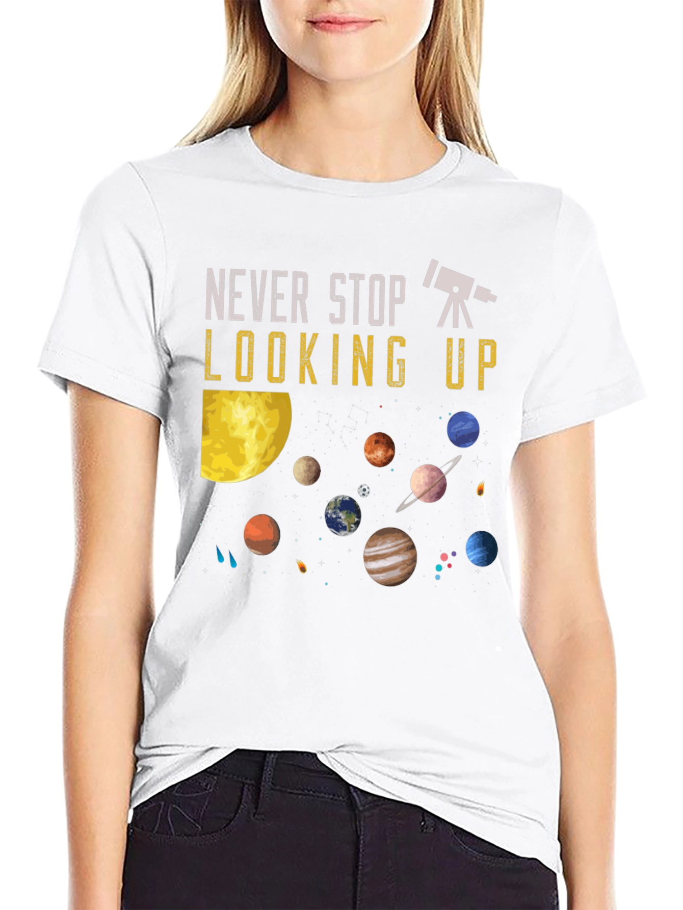 Never Stop Looking Up T-Shirt - Astronomy Planets Design