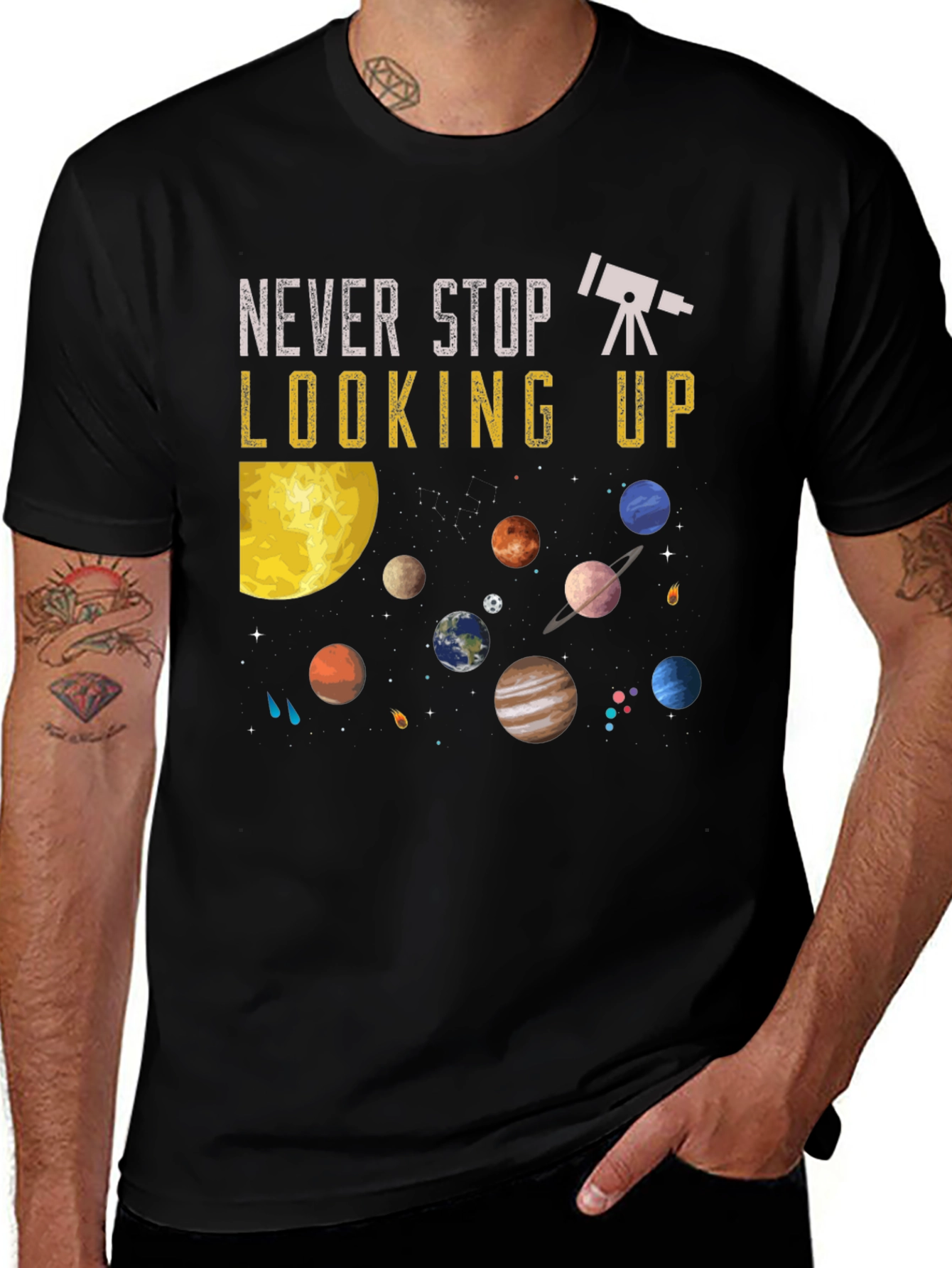 Never Stop Looking Up T-Shirt - Astronomy Planets Design