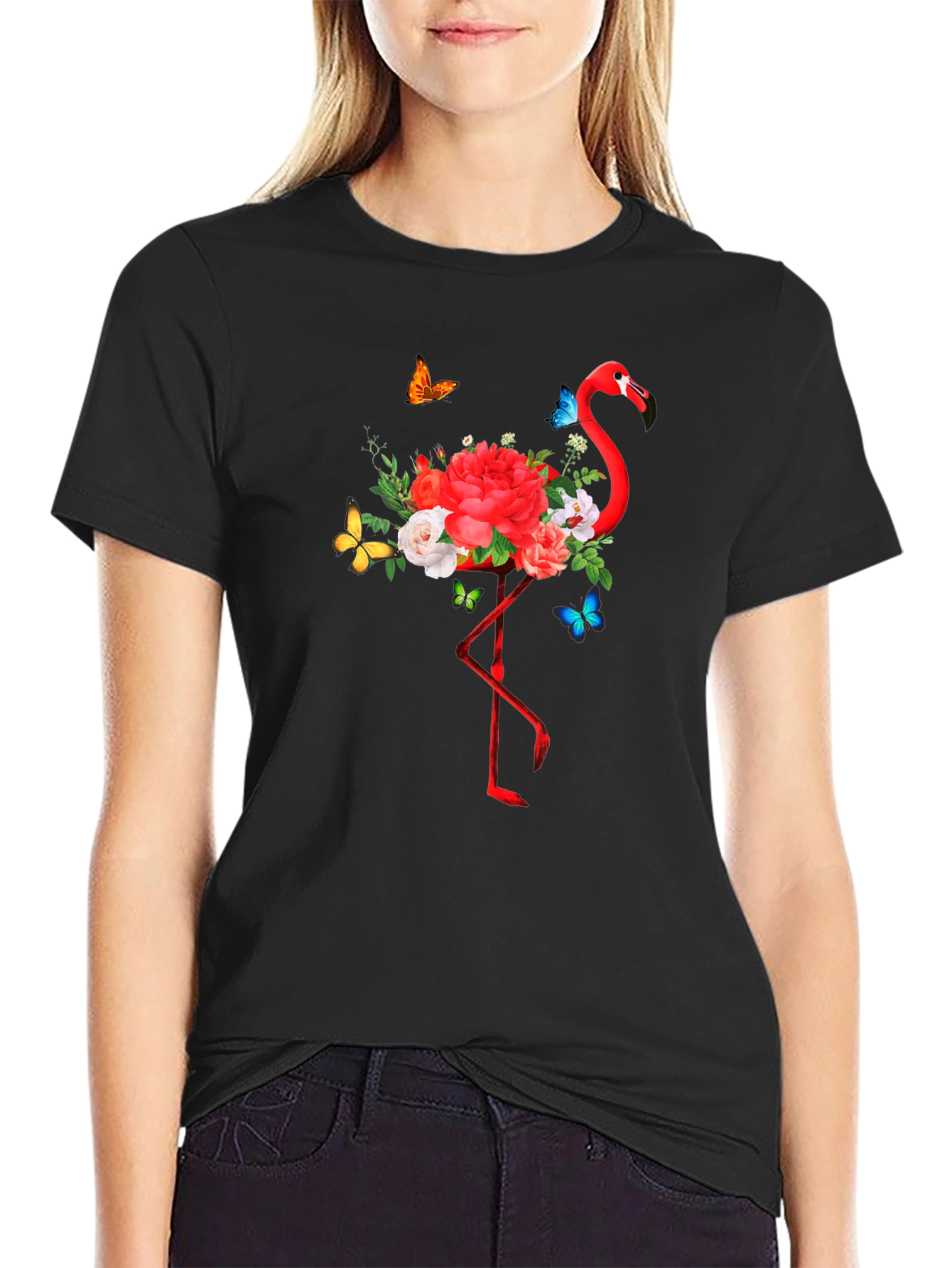 Flamingo Floral Graphic Print Black T-Shirt