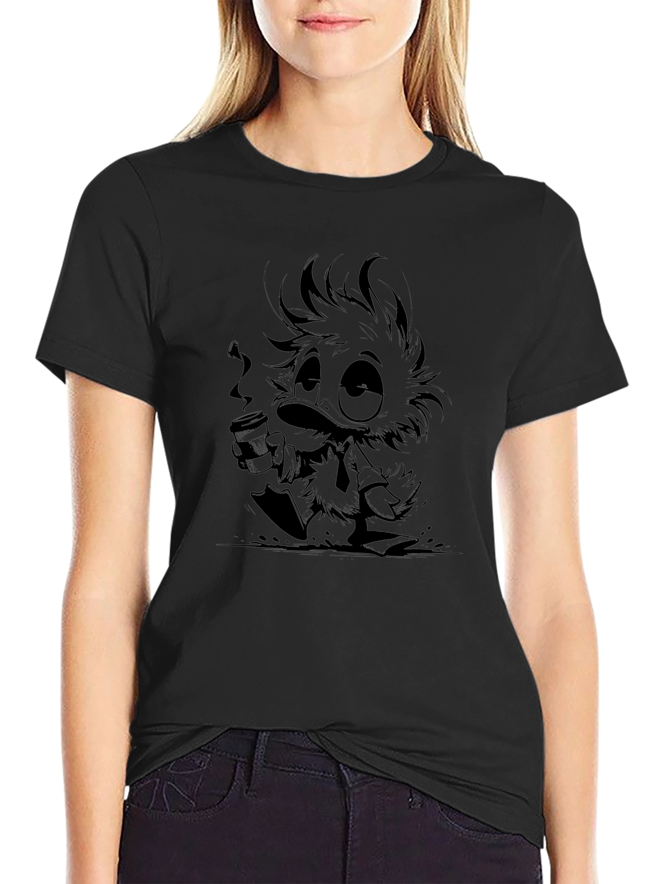Cartoon Duck Graphic Black T-Shirt