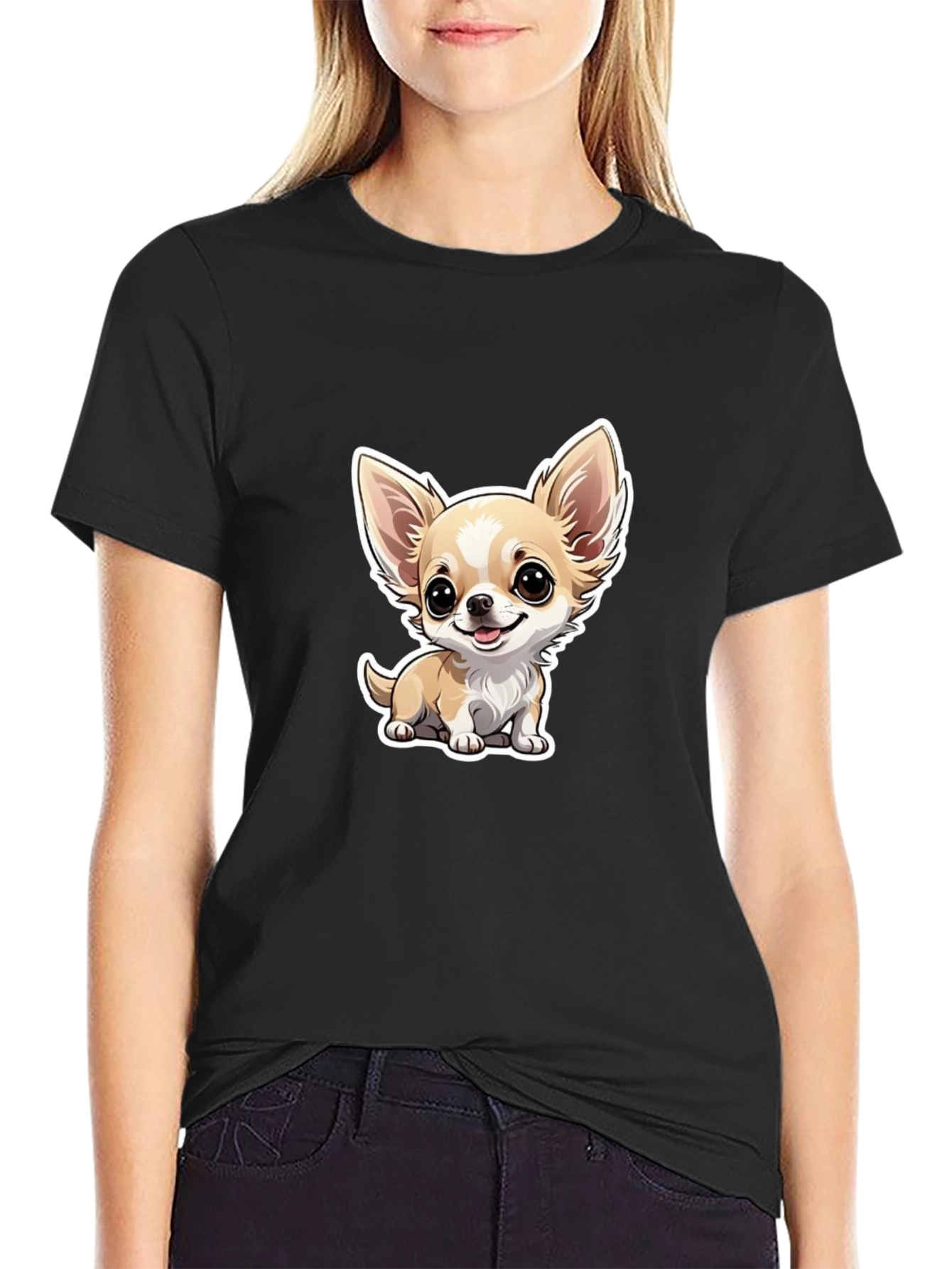 Cute Chihuahua Cartoon Graphic Tee - Black