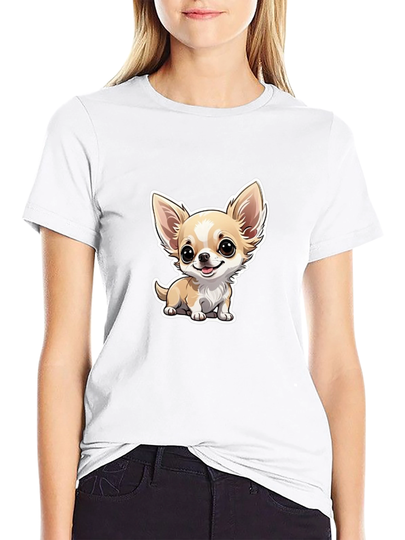 Cute Chihuahua Cartoon Graphic Tee - Black