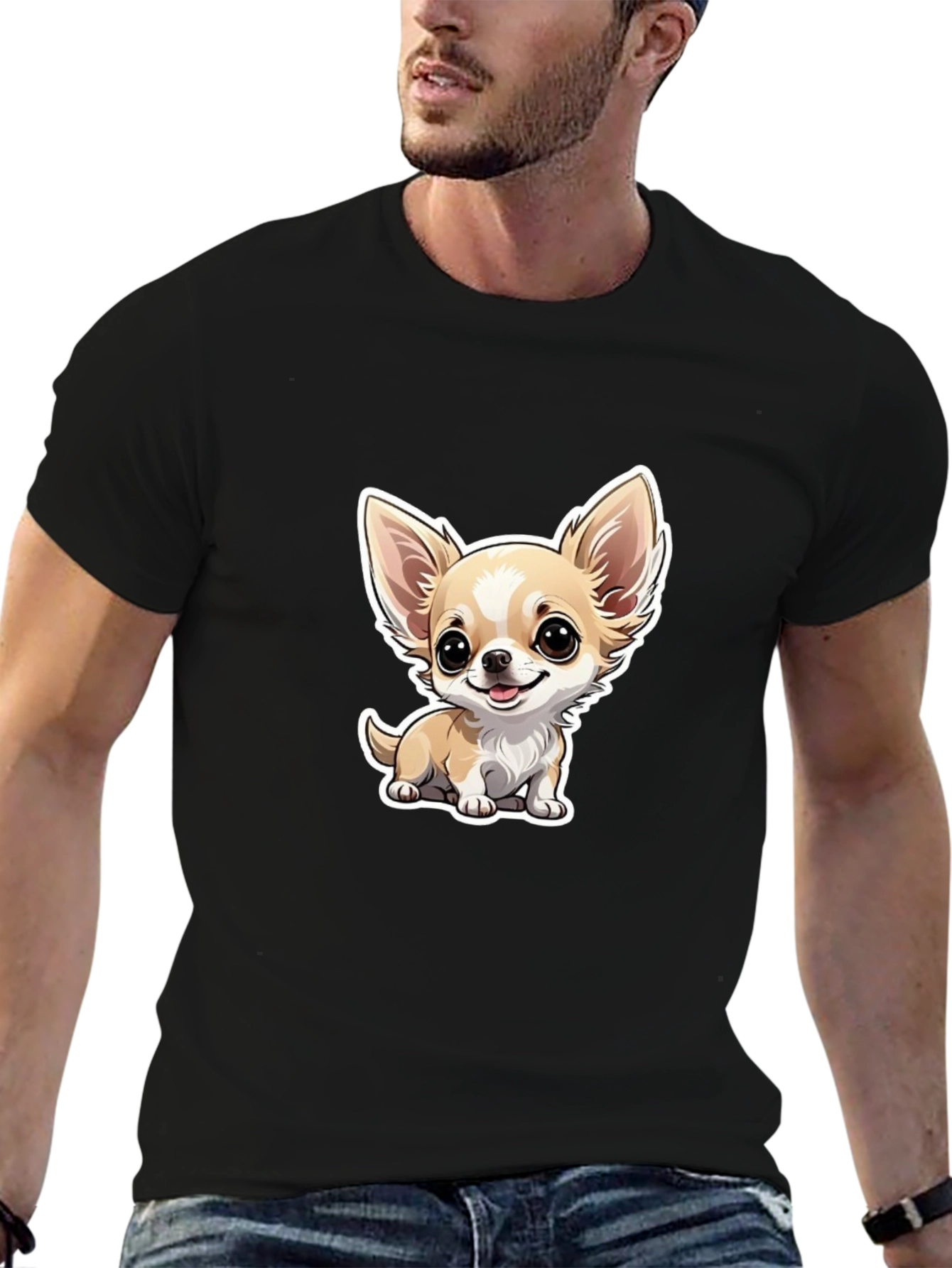 Cute Chihuahua Cartoon Graphic Tee - Black