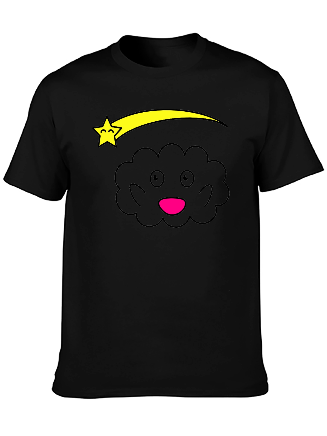 Cute Cartoon Cloud and Star Black T-Shirt