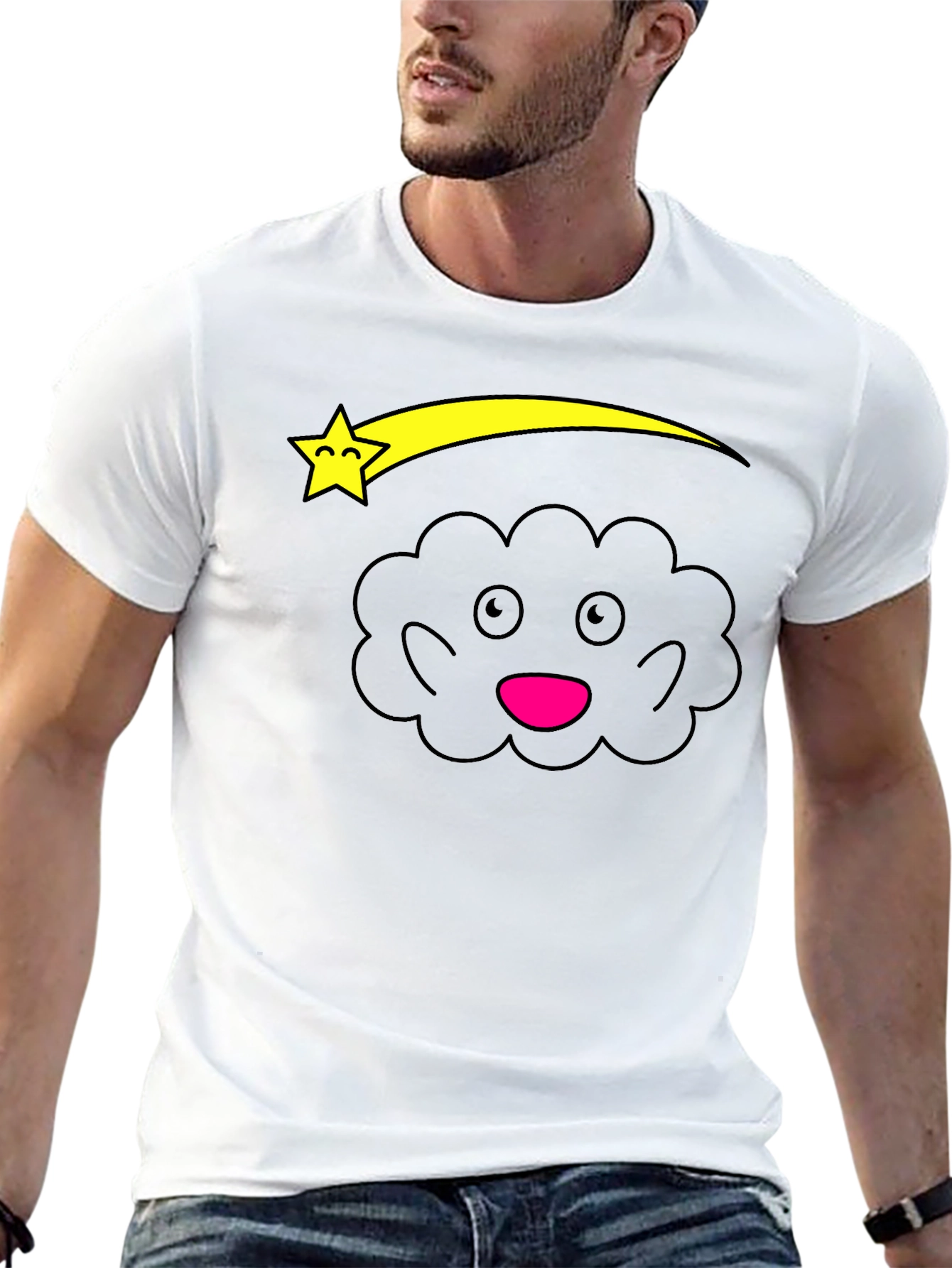 Cute Cartoon Cloud and Star Black T-Shirt