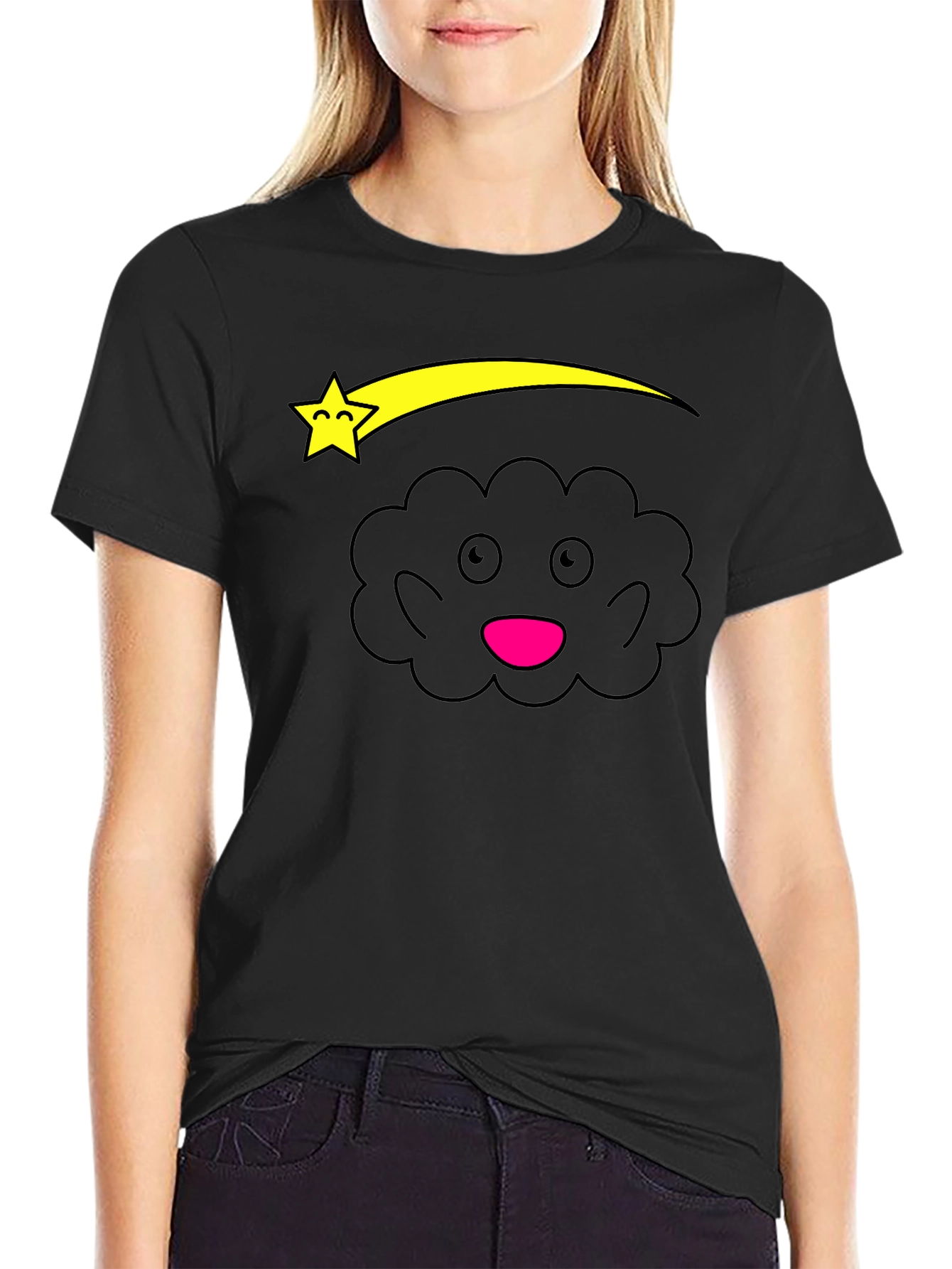 Cute Cartoon Cloud and Star Black T-Shirt