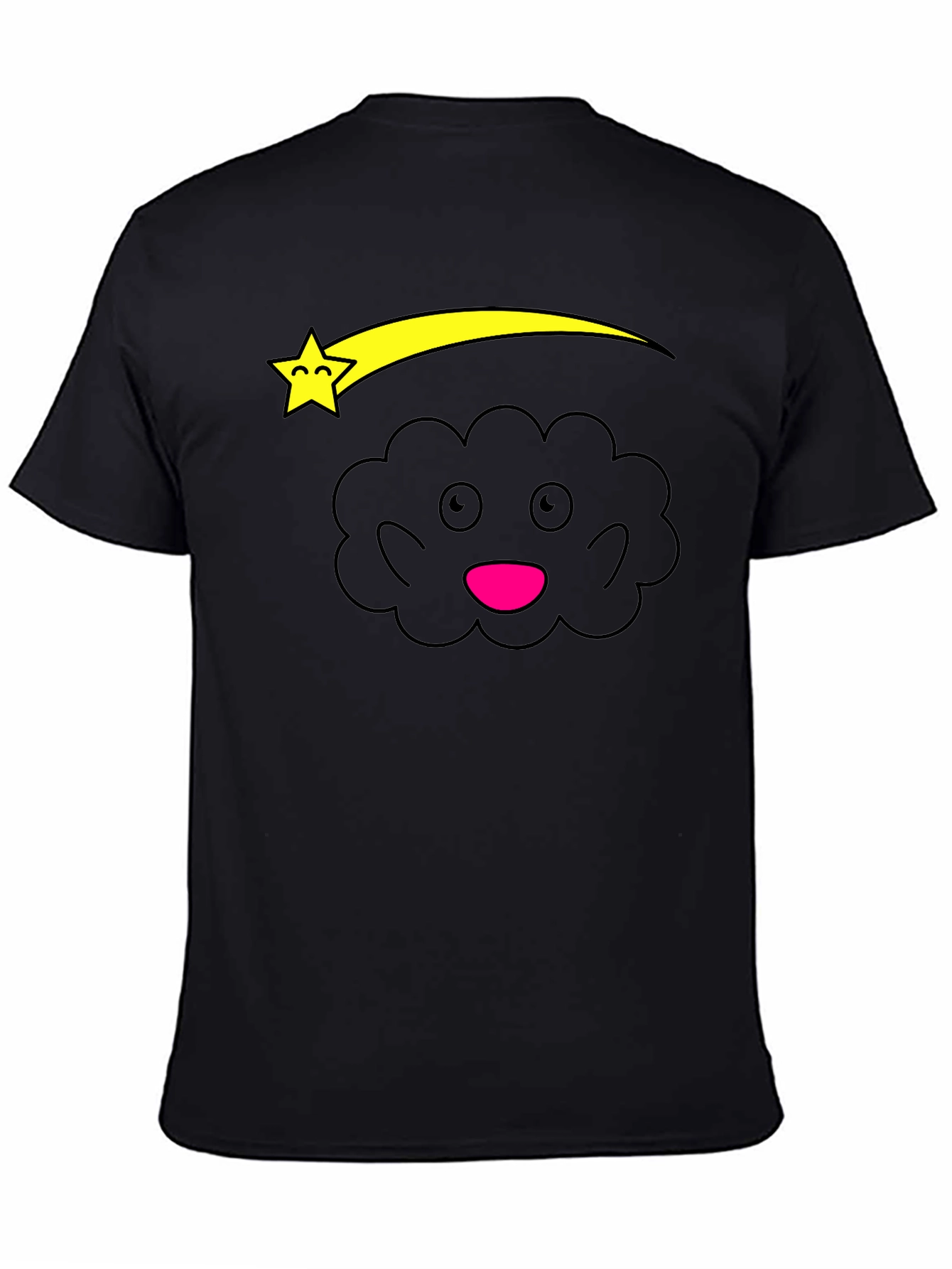 Cute Cartoon Cloud and Star Black T-Shirt