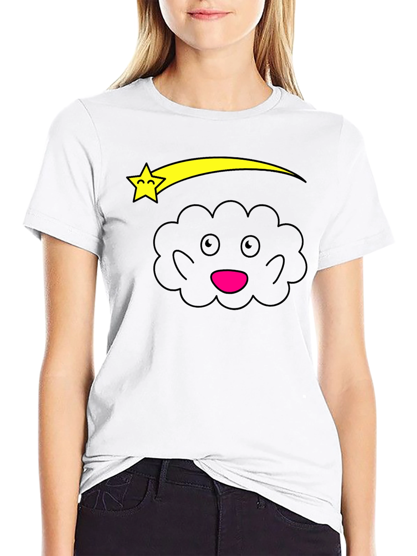 Cute Cartoon Cloud and Star Black T-Shirt